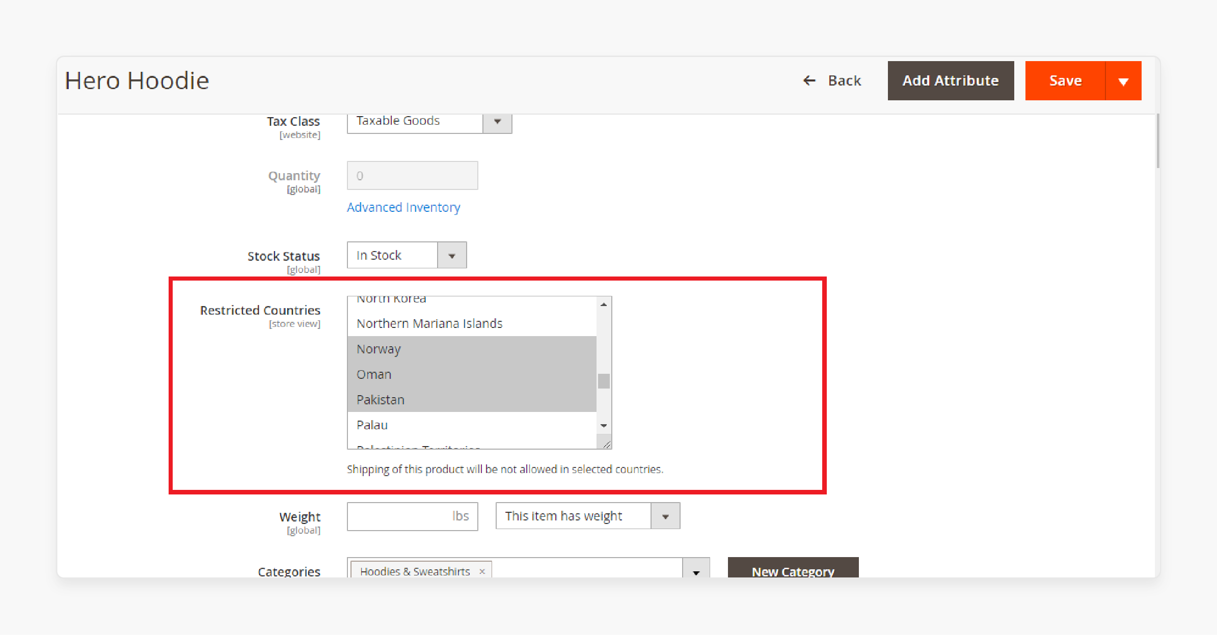 magento 2 country restriction settings panel showing product configuration options and restricted countries list