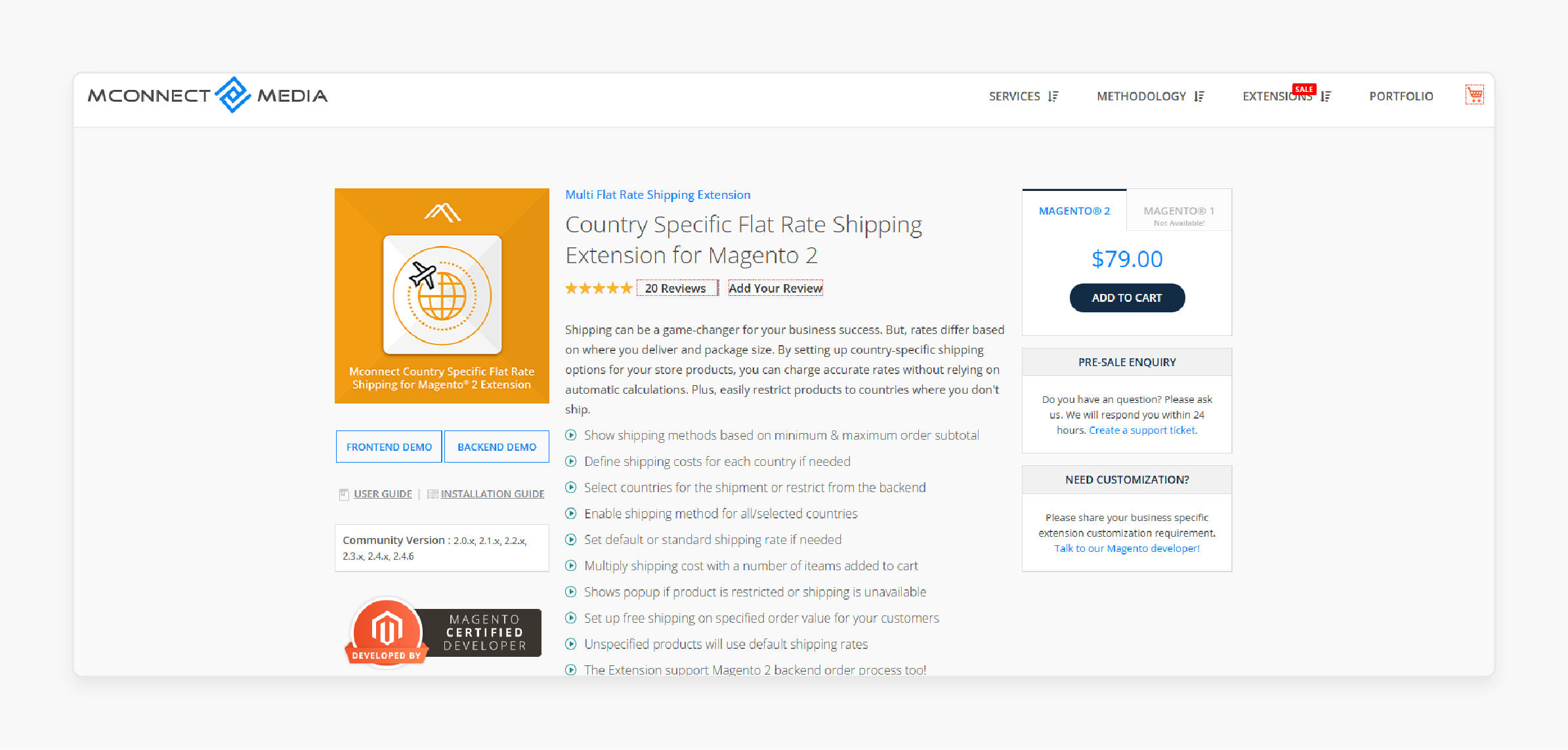 mconnect media extension showing flat rate country-specific shipping options in magento 2