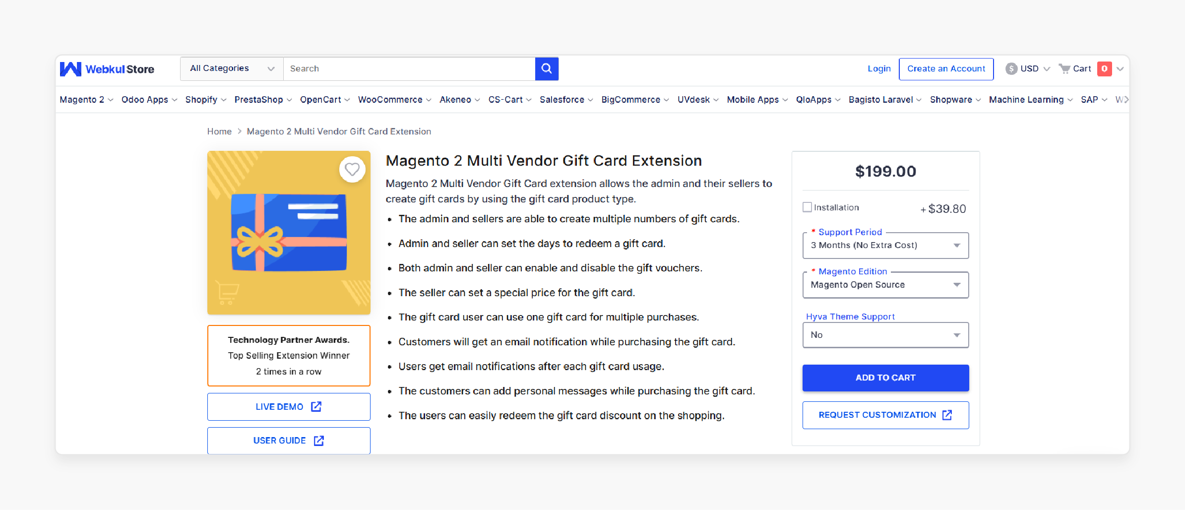 magento 2 multi-vendor gift card extension by webkul highlighting key features and pricing options