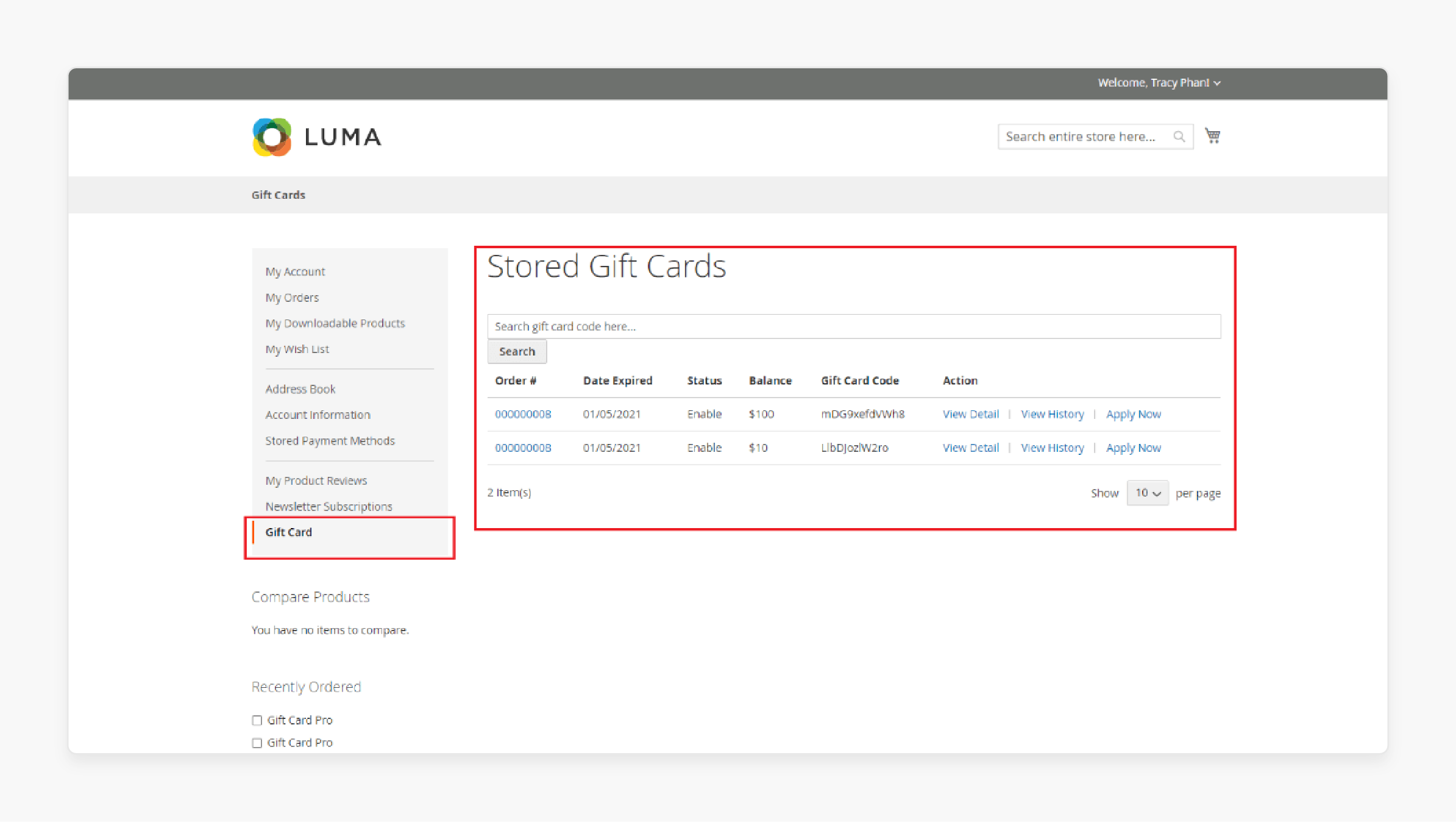 magento 2 stored gift cards dashboard with balance tracking and expiry dates