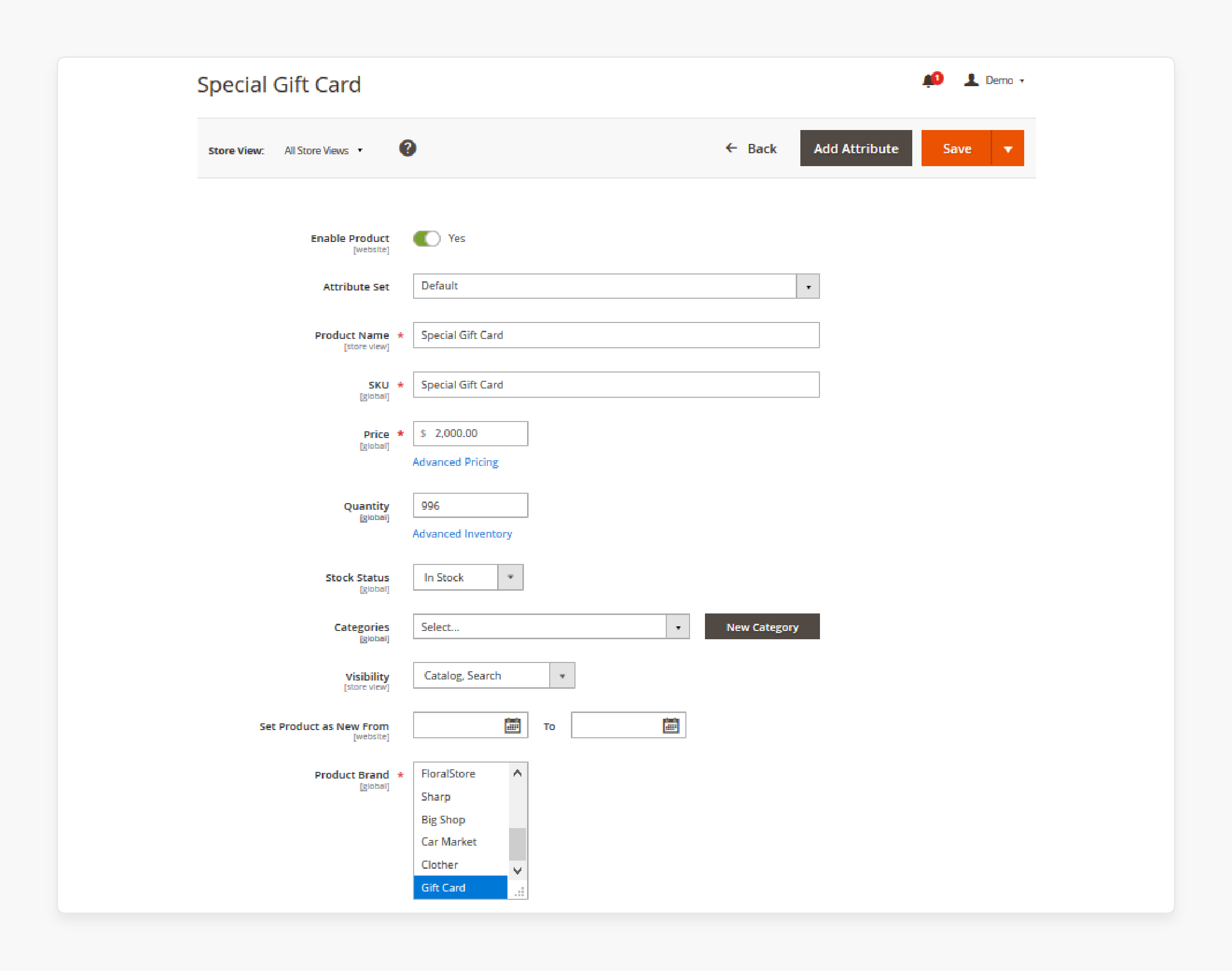 magento 2 gift card product listing showing multiple card options with prices and inventory