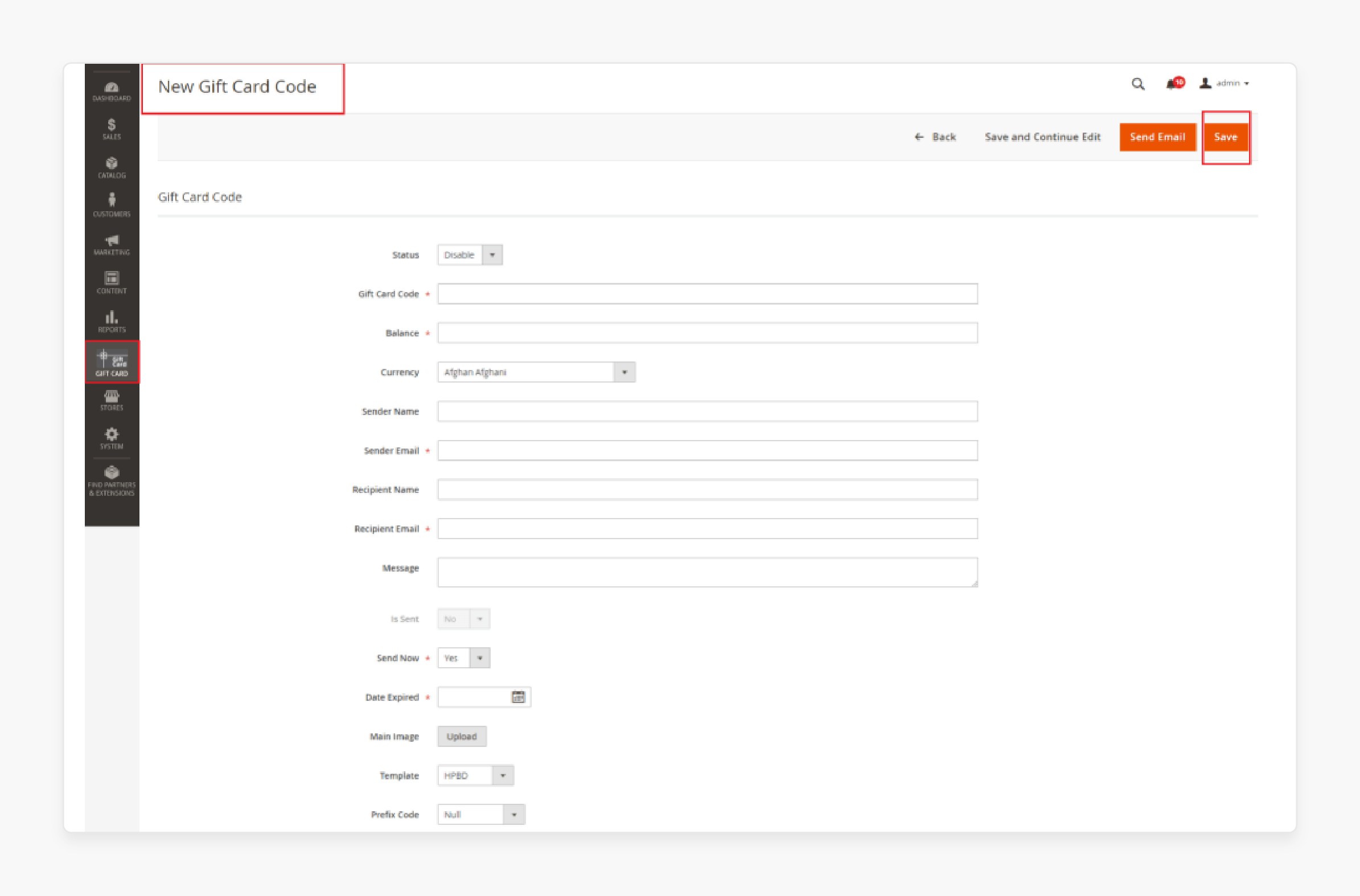 magento 2 gift card code generation and management interface with security settings