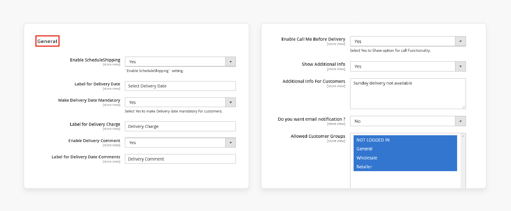 magento 2 delivery date general settings with customer group permissions and notification optionsMagento 2 admin panel navigation menu for schedule shipping configuration