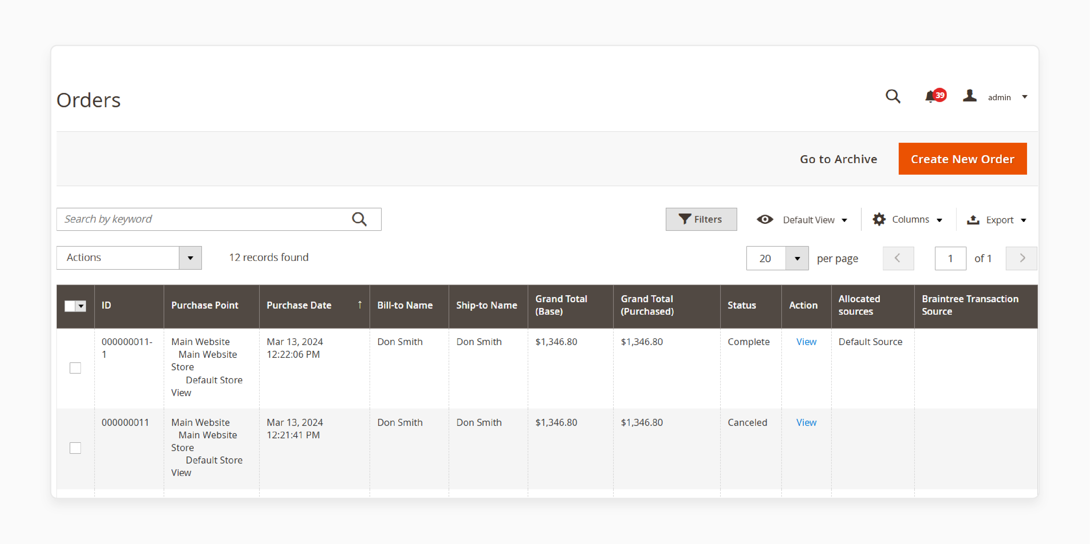 magento 2 orders grid showing purchase dates, status and tracking allocation