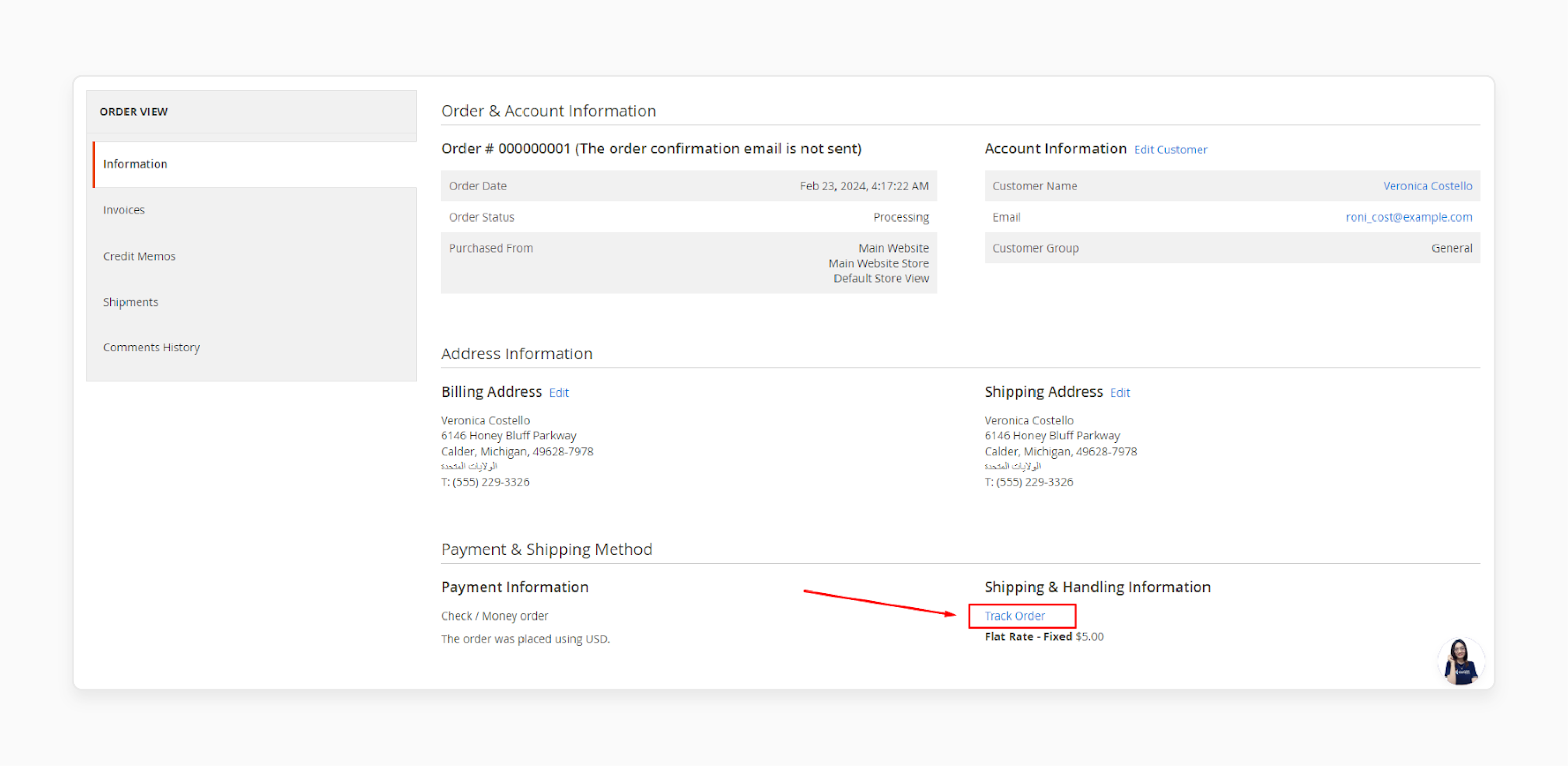 magento 2 order information panel with tracking button and shipping details