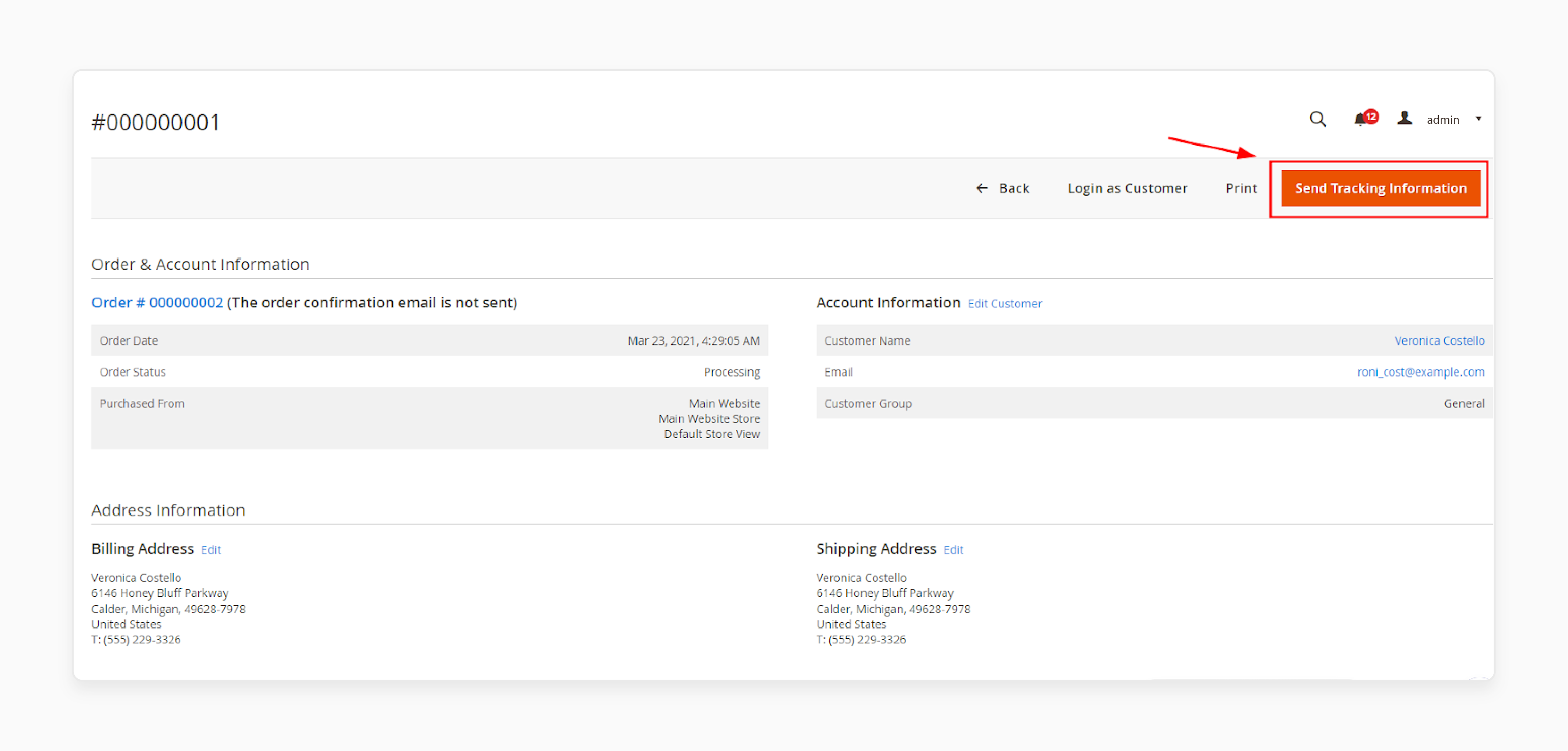 magento 2 order details page with send tracking information button