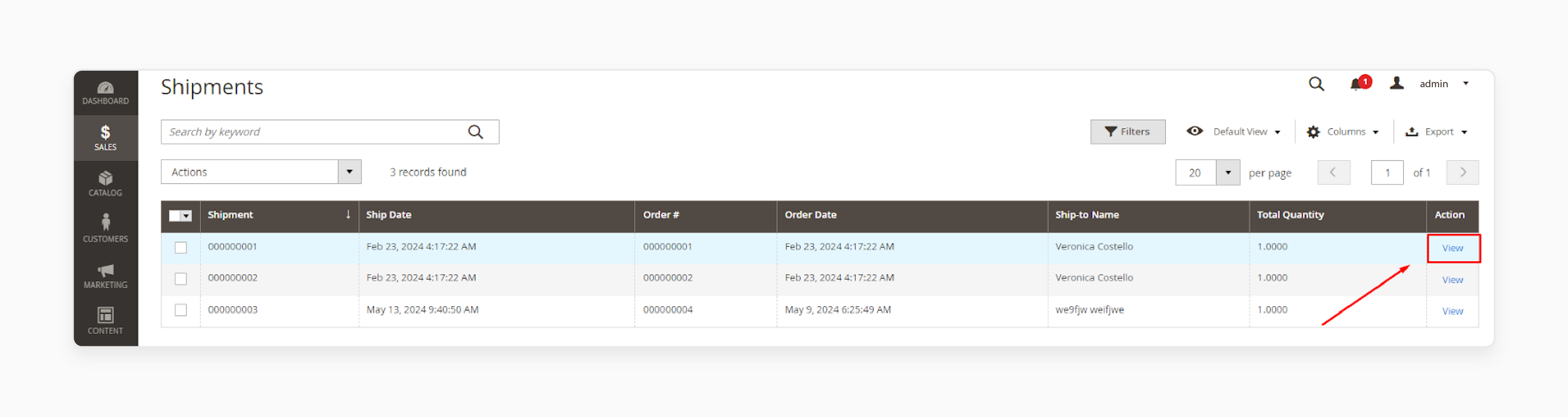 magento 2 orders interface with purchase details and transaction status