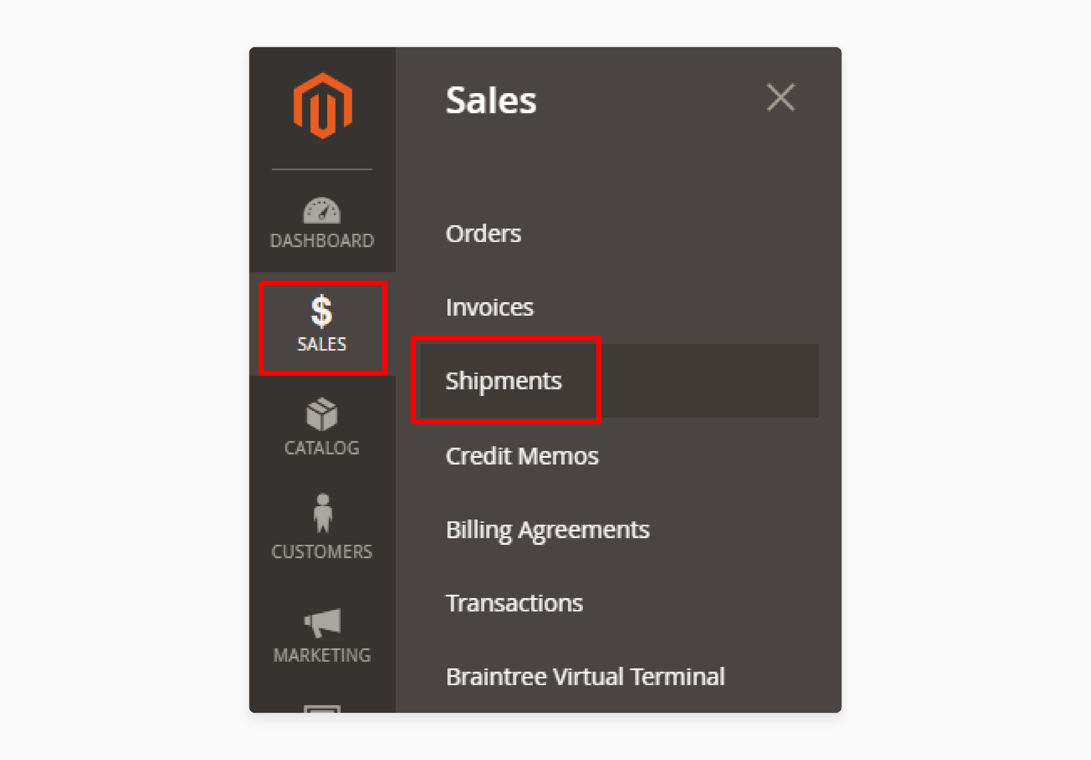 magento 2 sales menu expanded showing shipments and order options