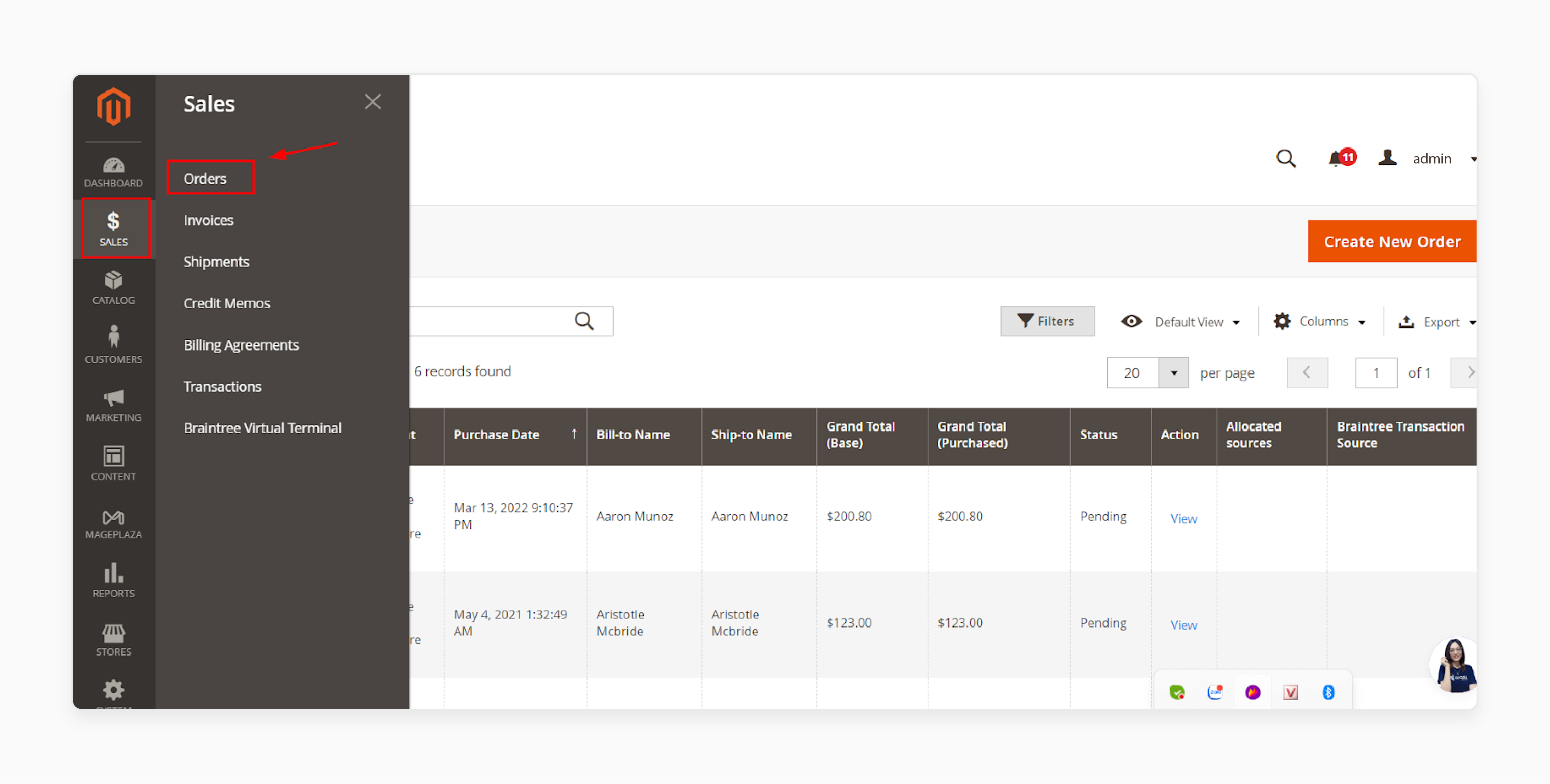 magento 2 admin shipments grid displaying order dates and tracking status