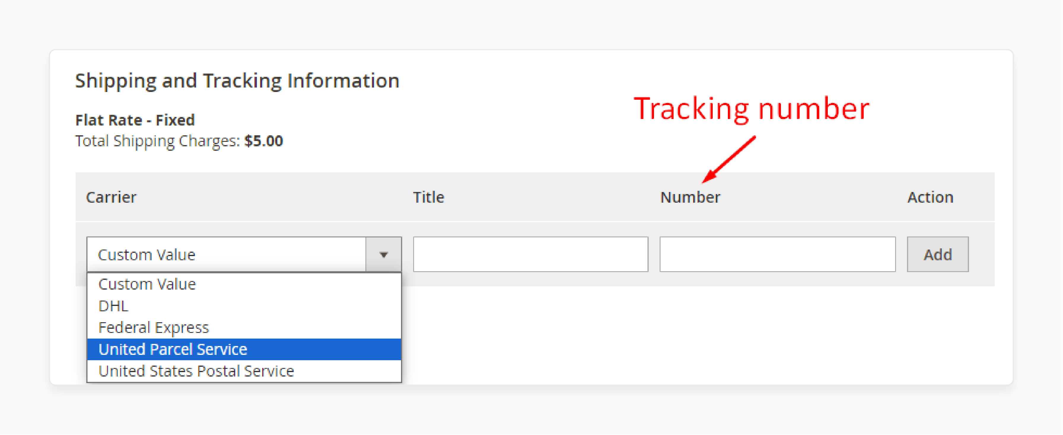 magento 2 shipping carrier selection with tracking number input fields