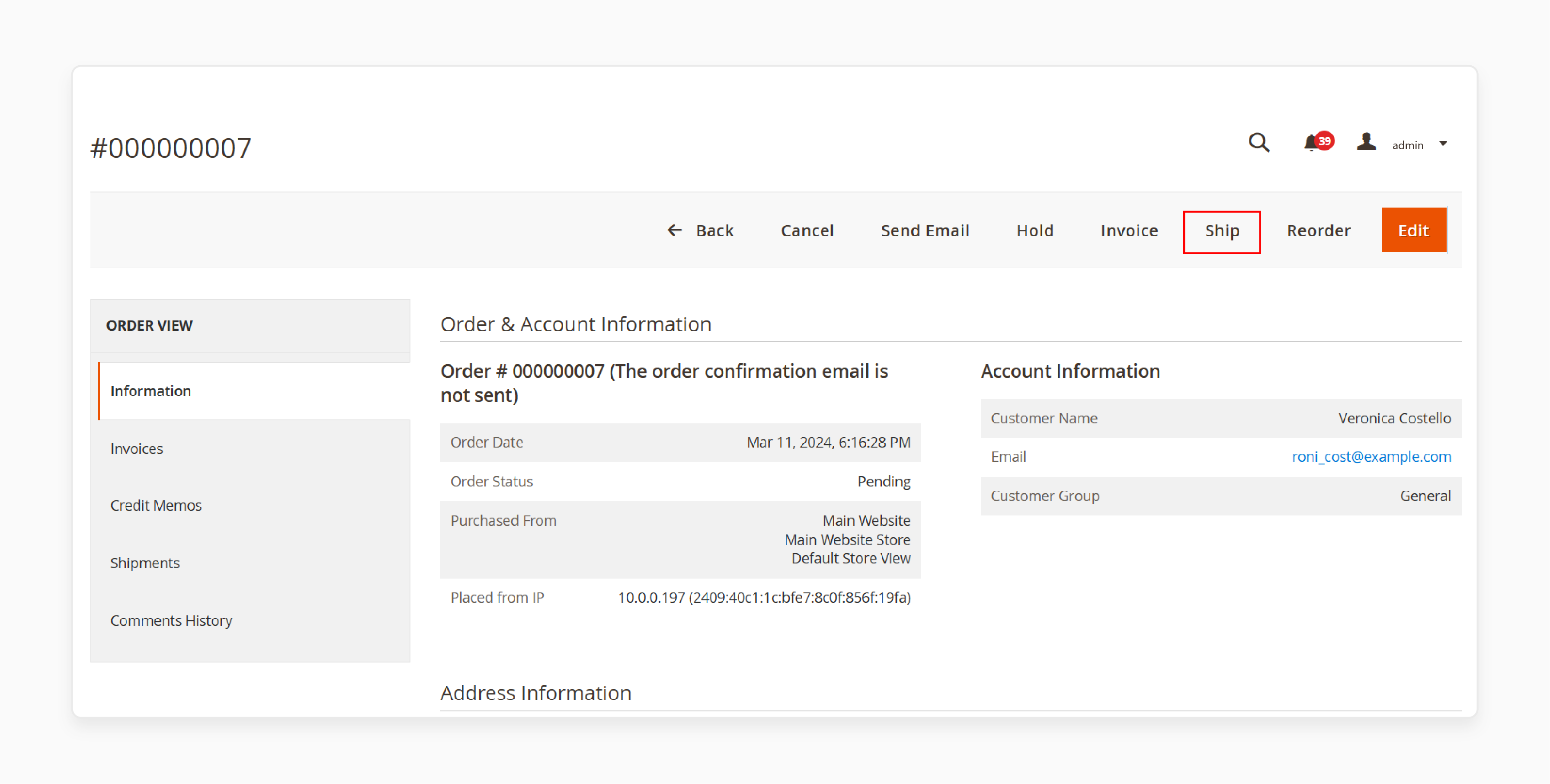 magento 2 new shipment form with tracking number input fields