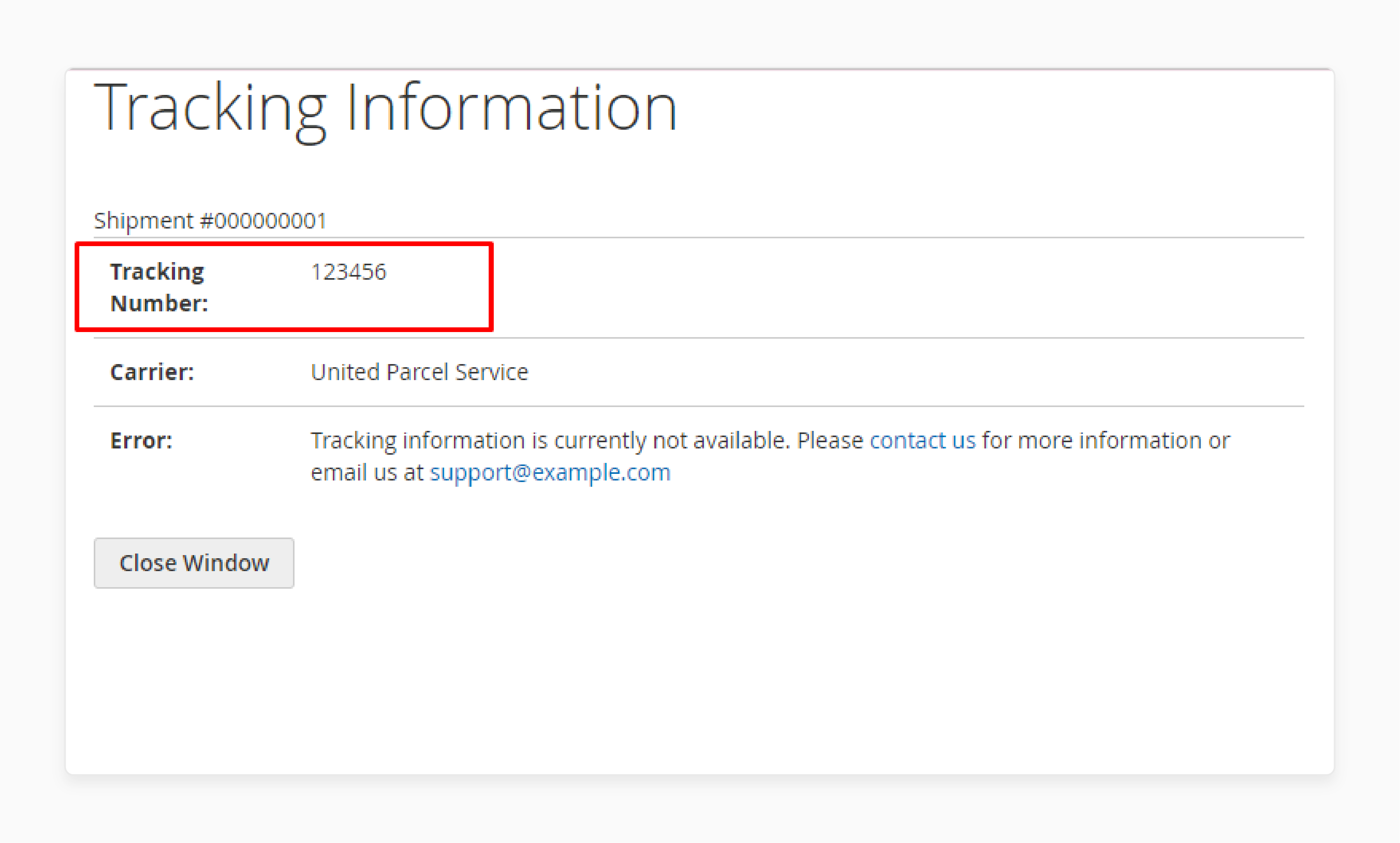 magento 2 tracking information window with UPS tracking number 123456