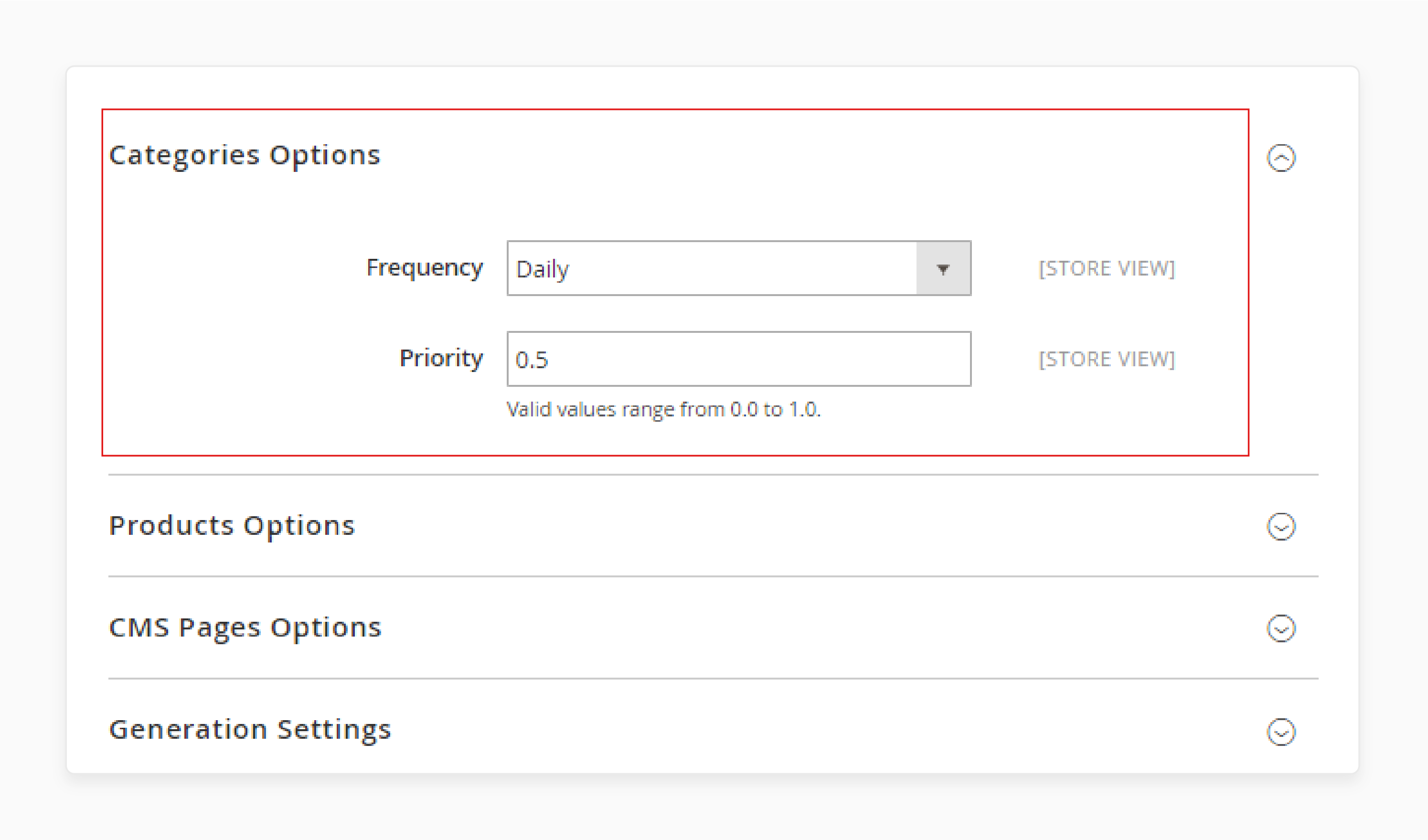 Expand the Categories Options section and configure