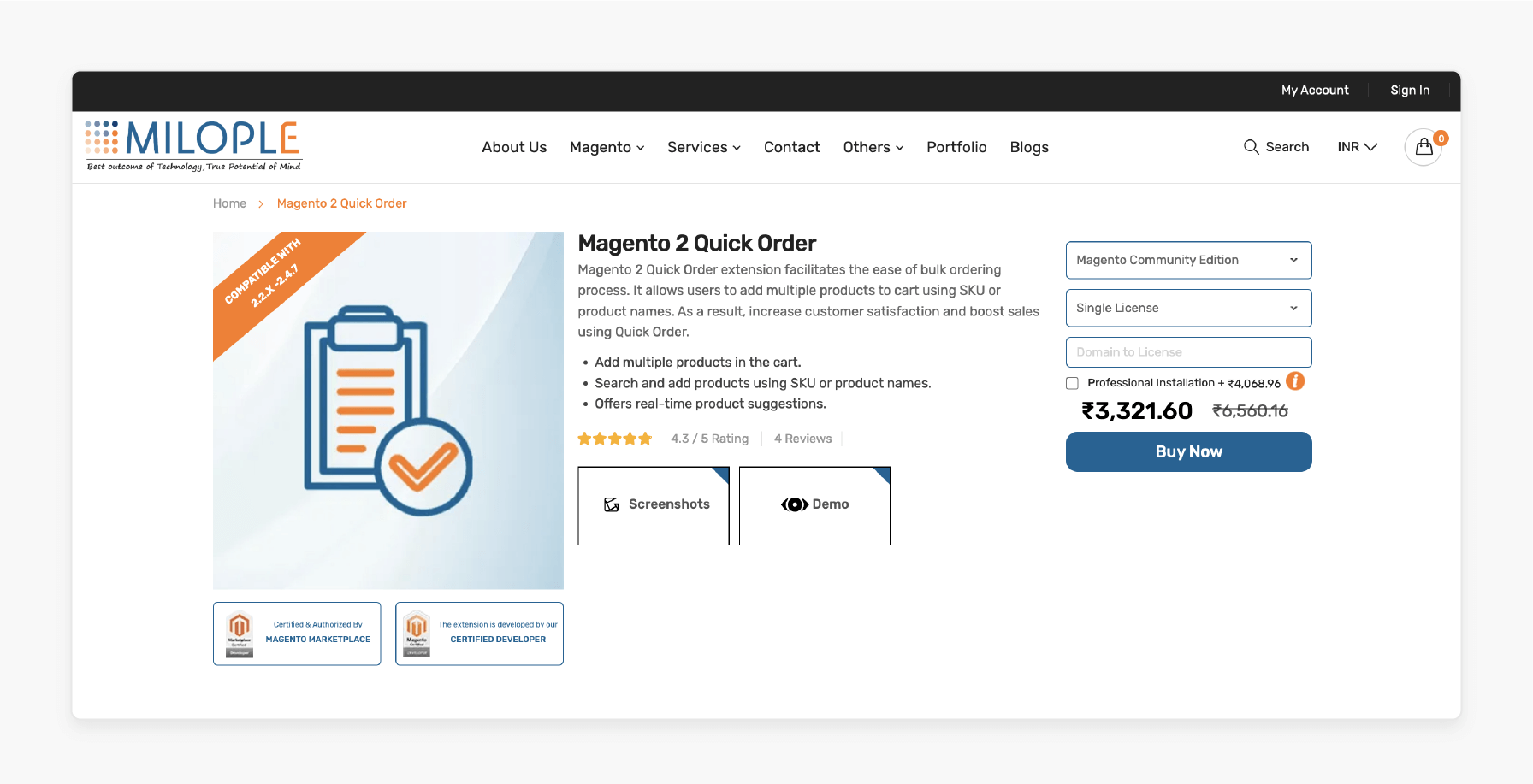 magento 2 fast order extension by milople showing order value, credit limits, budget checks and quantity rules