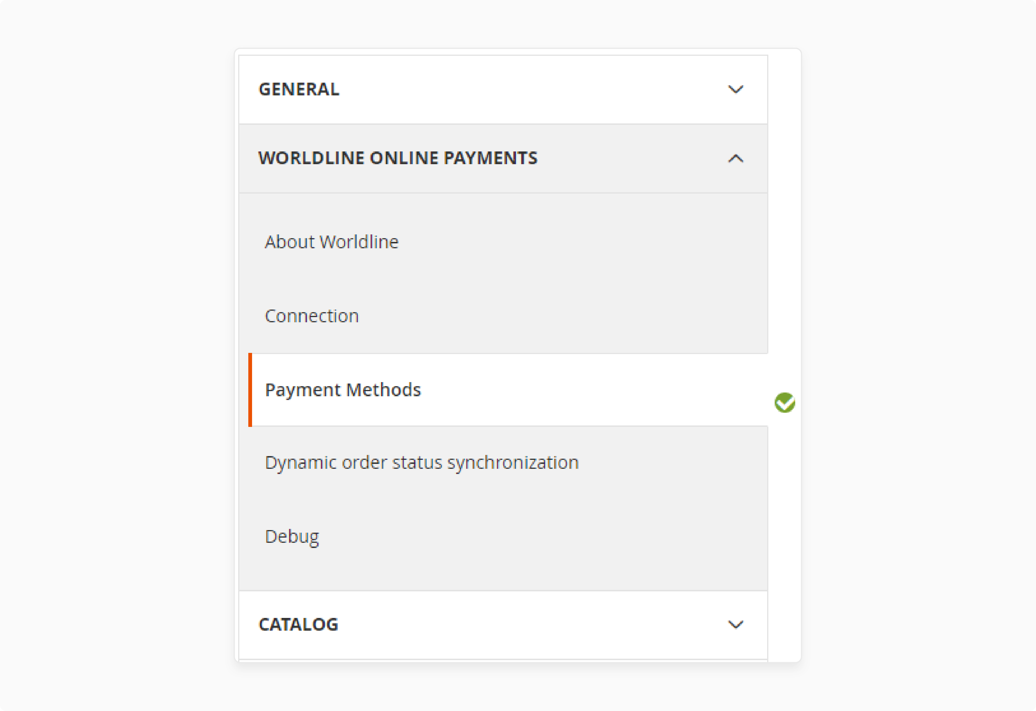 worldline payment methods navigation menu with configuration options