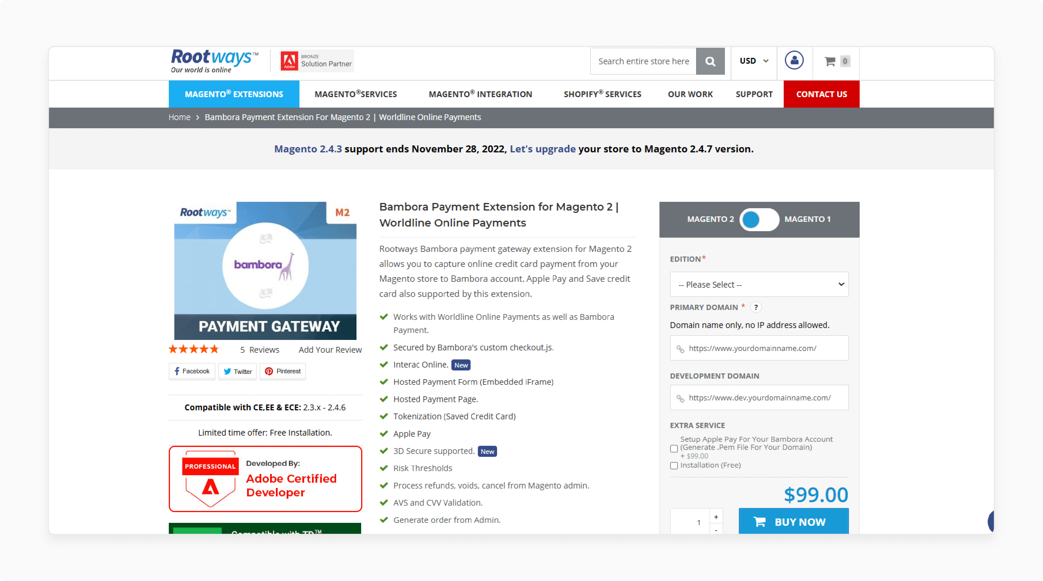 bambora payment gateway configuration panel by rootways with multiple payment options