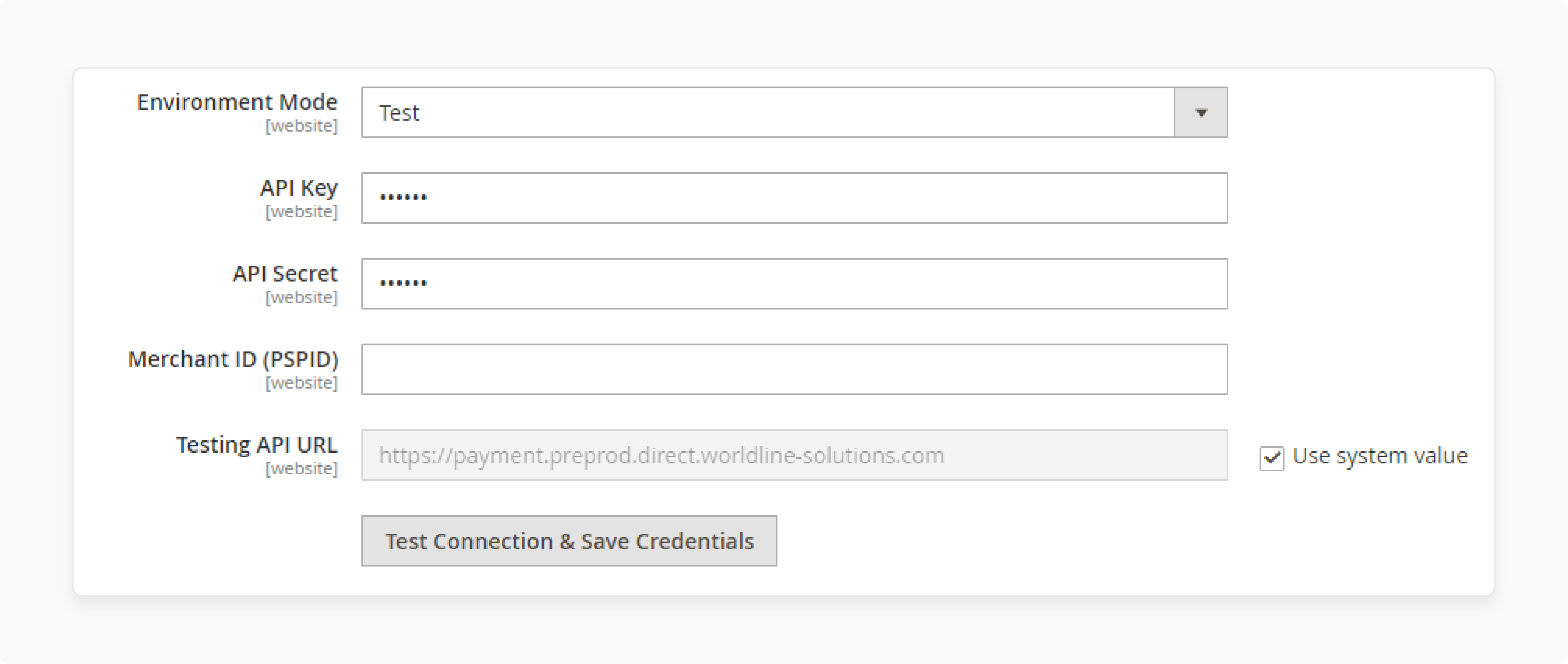 worldline payment configuration form with api credentials and test mode