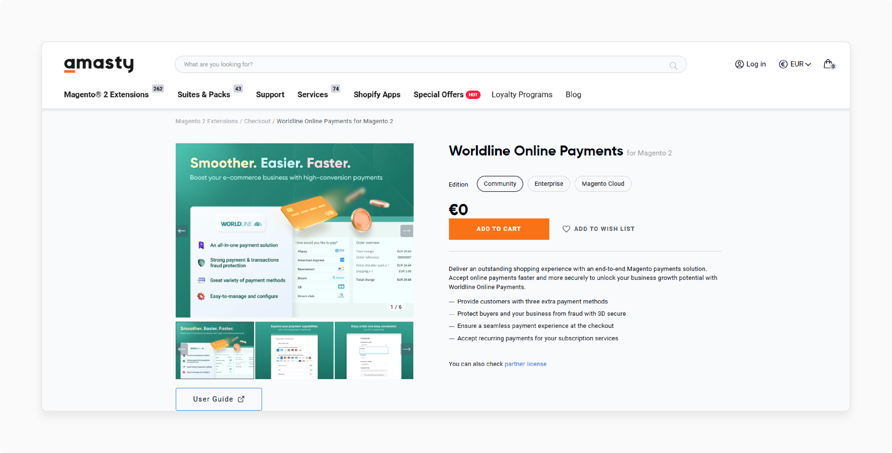 worldline payment extension dashboard by amasty showing key payment features and integration options