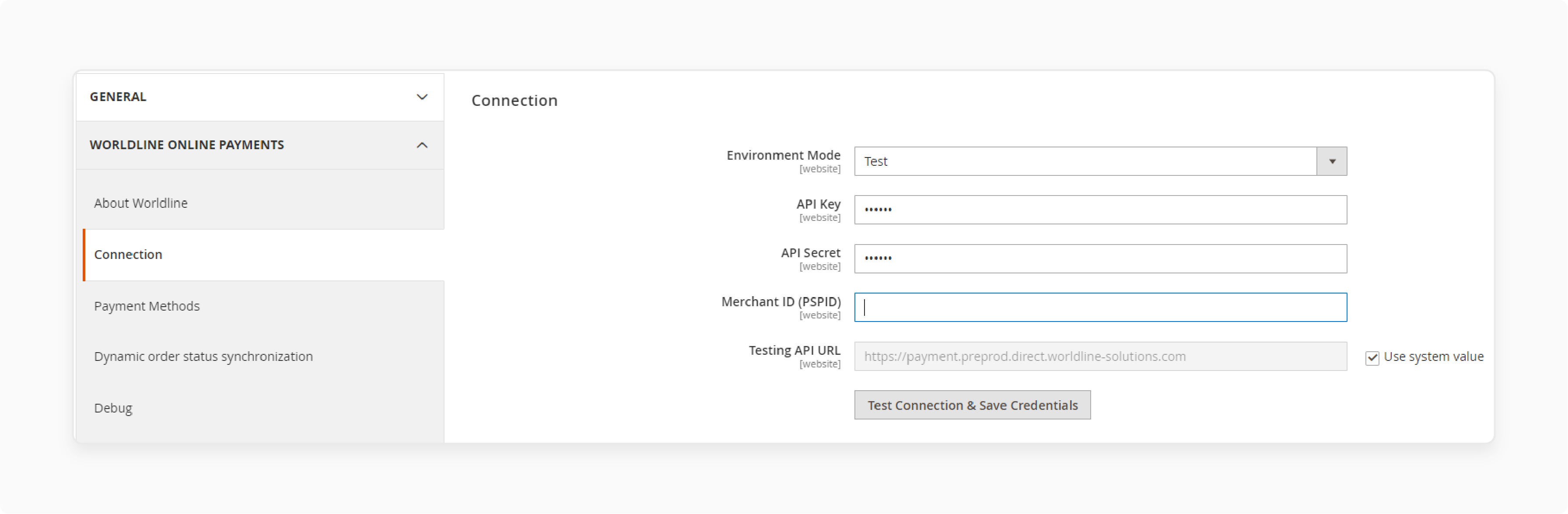 worldline payment connection settings with api credentials and test environment