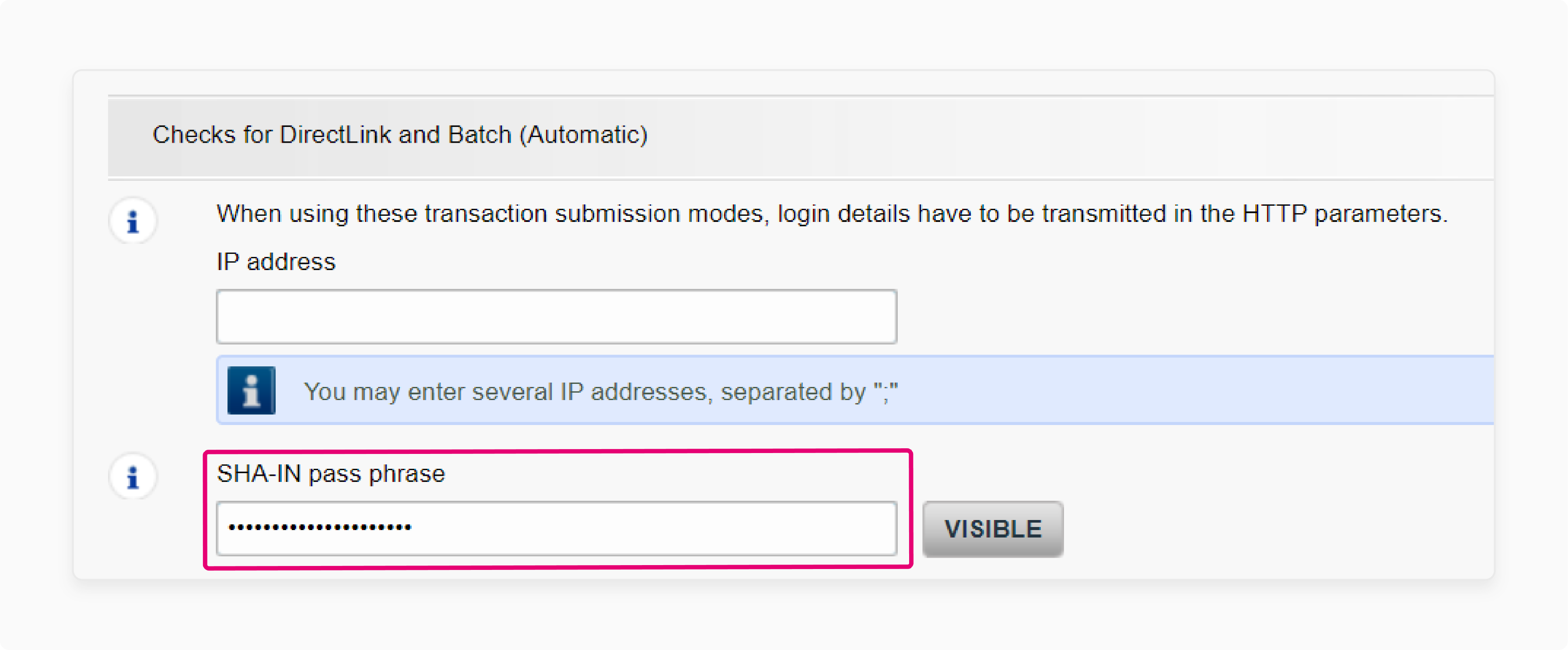 worldline directLink configuration panel with ip address and sha-in settings