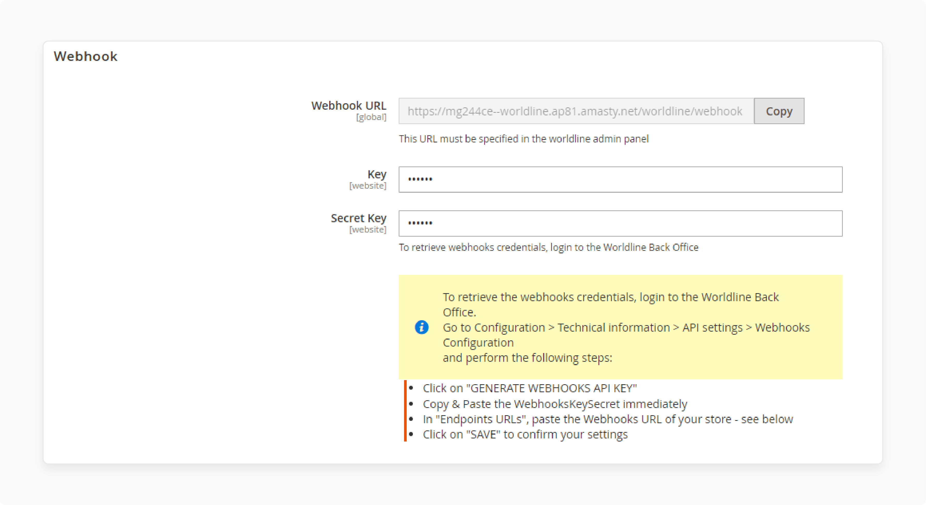 worldline webhook URL configuration panel with global settings