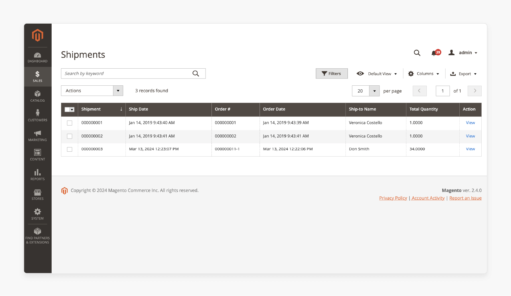 Shipments page in Magento 2 with tracking information