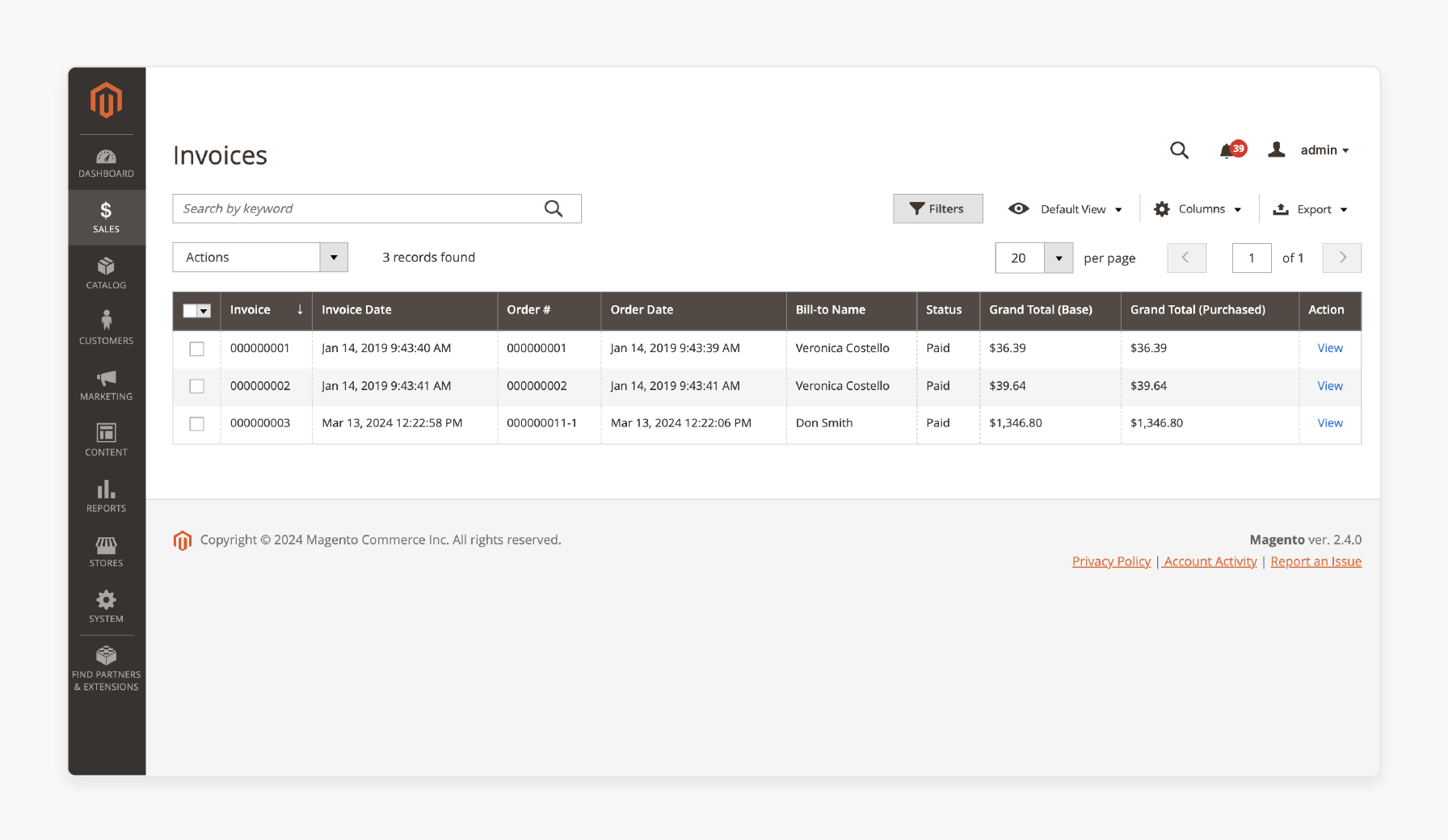 Magento 2 invoices section for order billing