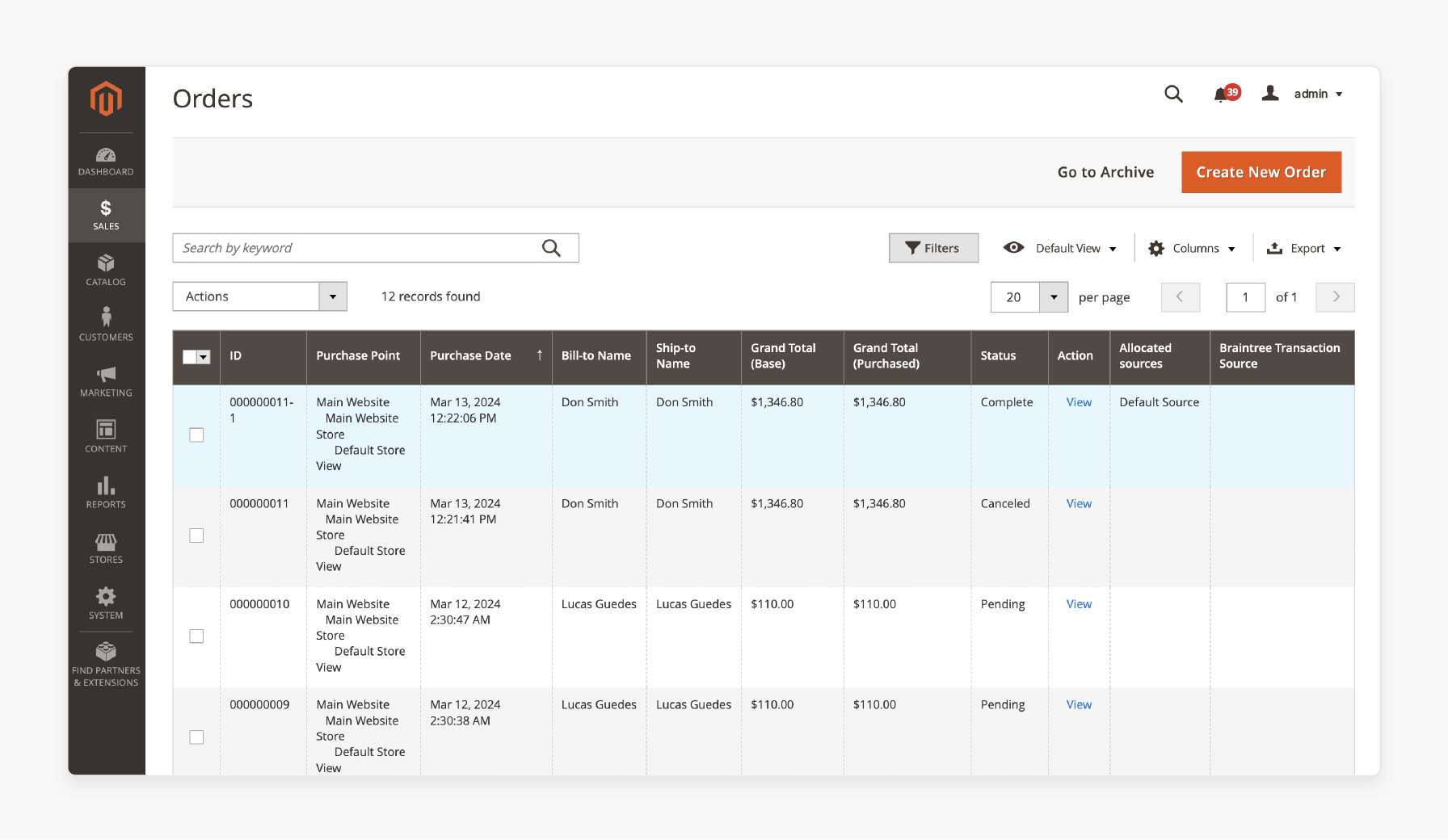 Magento 2 order management interface with order details