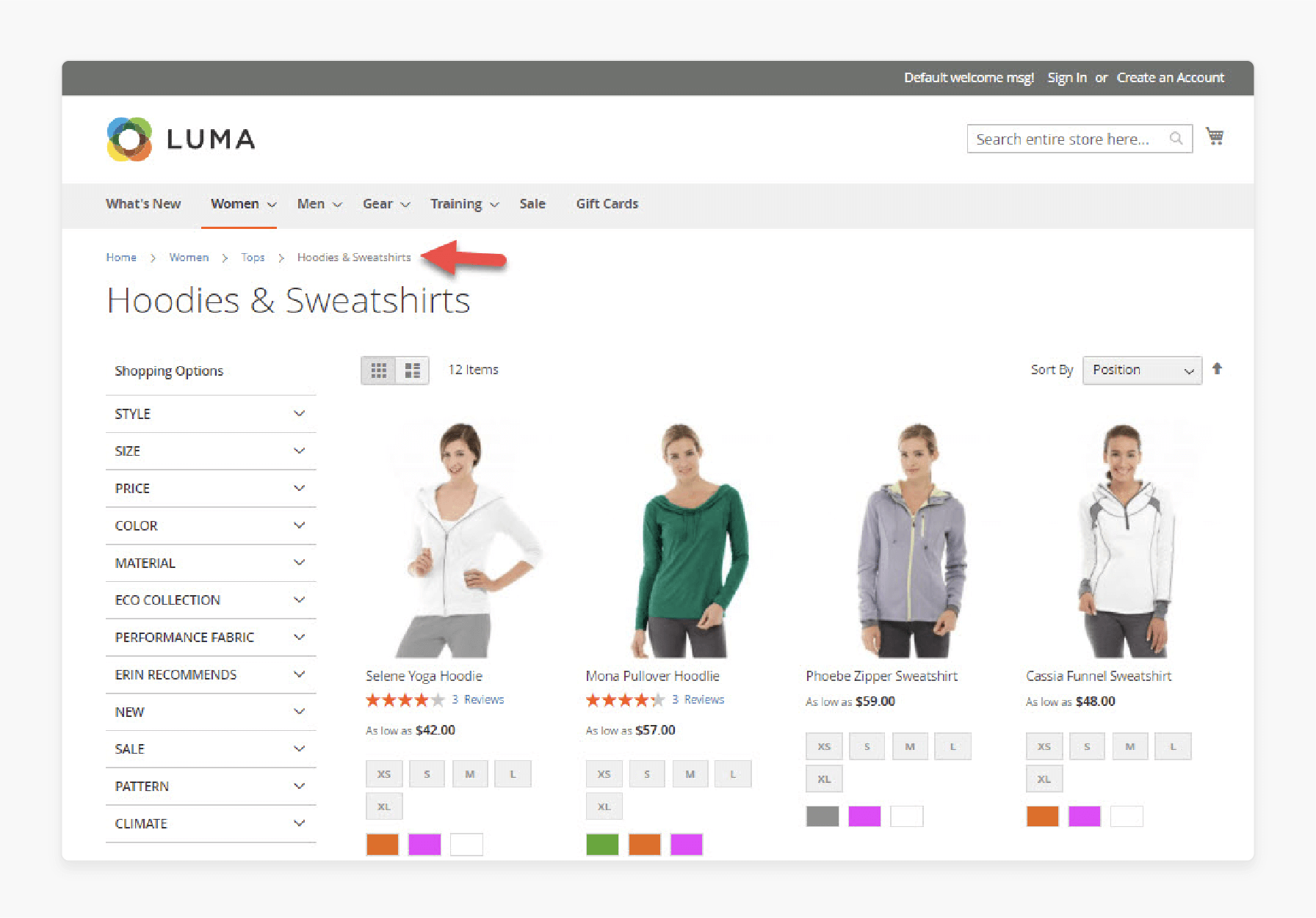 Category page showing products and filters