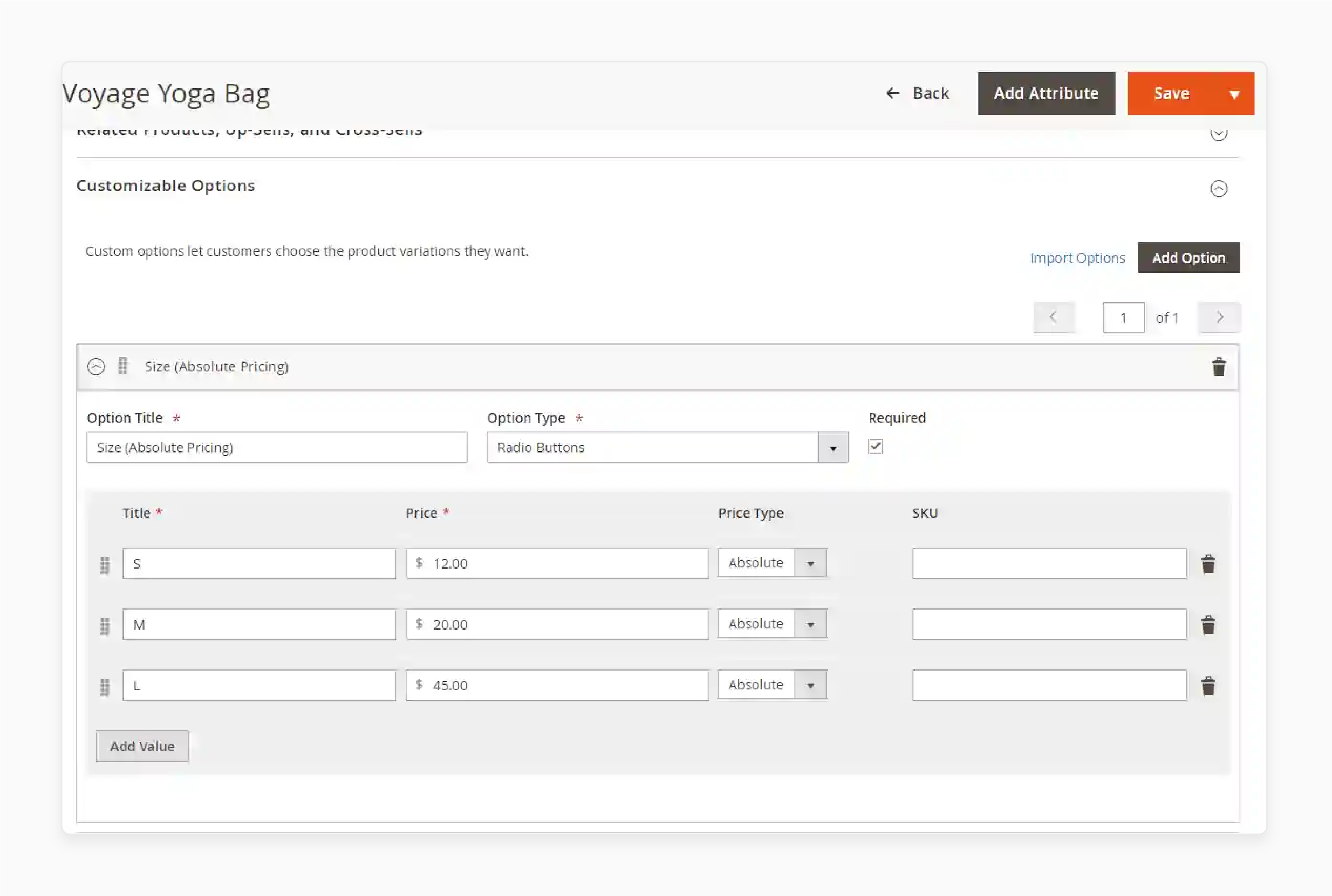 magento 2 absolute pricing options setup with size and price fields