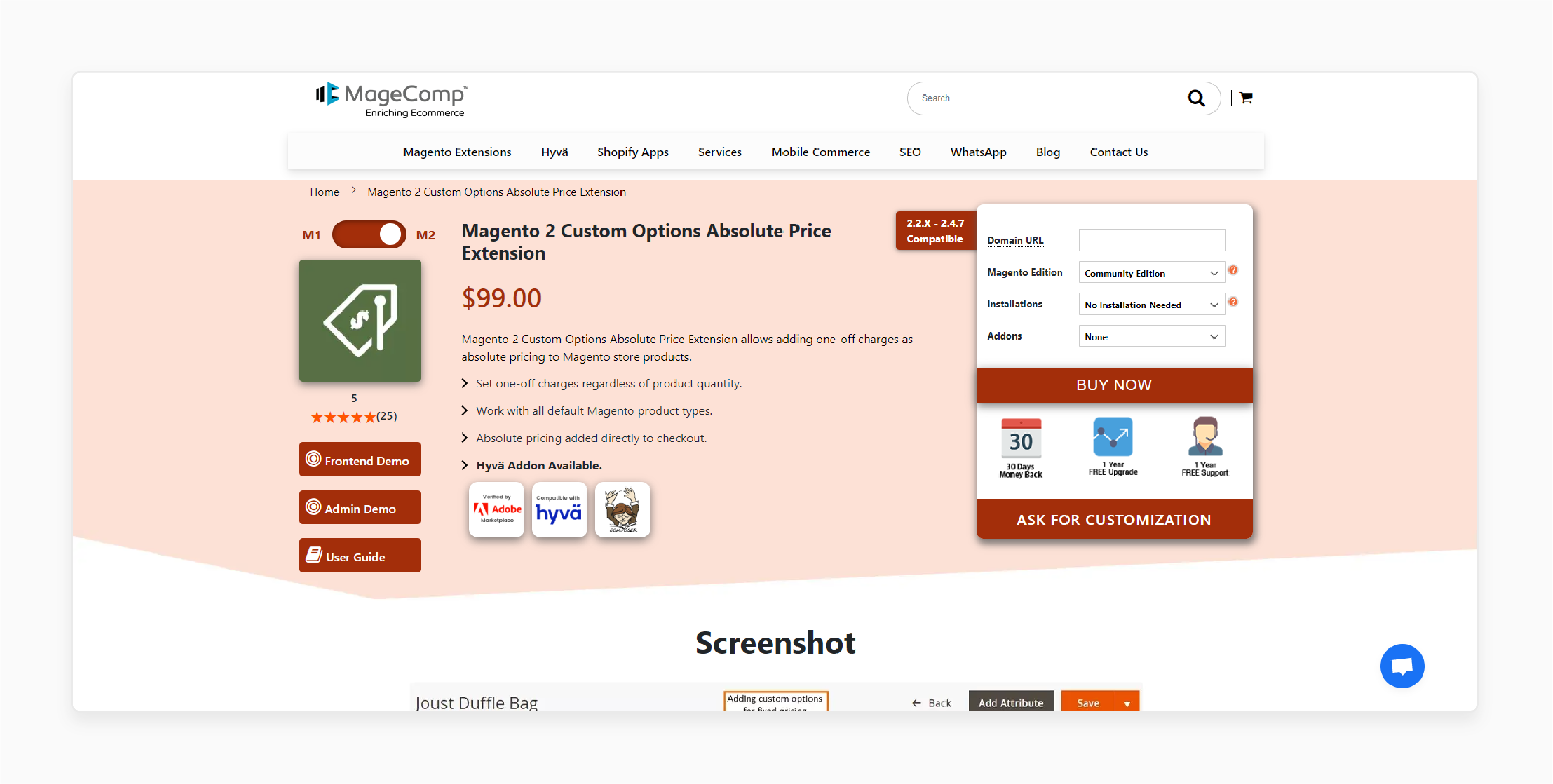 magento 2 custom options absolute price extension dashboard with features by MageComp