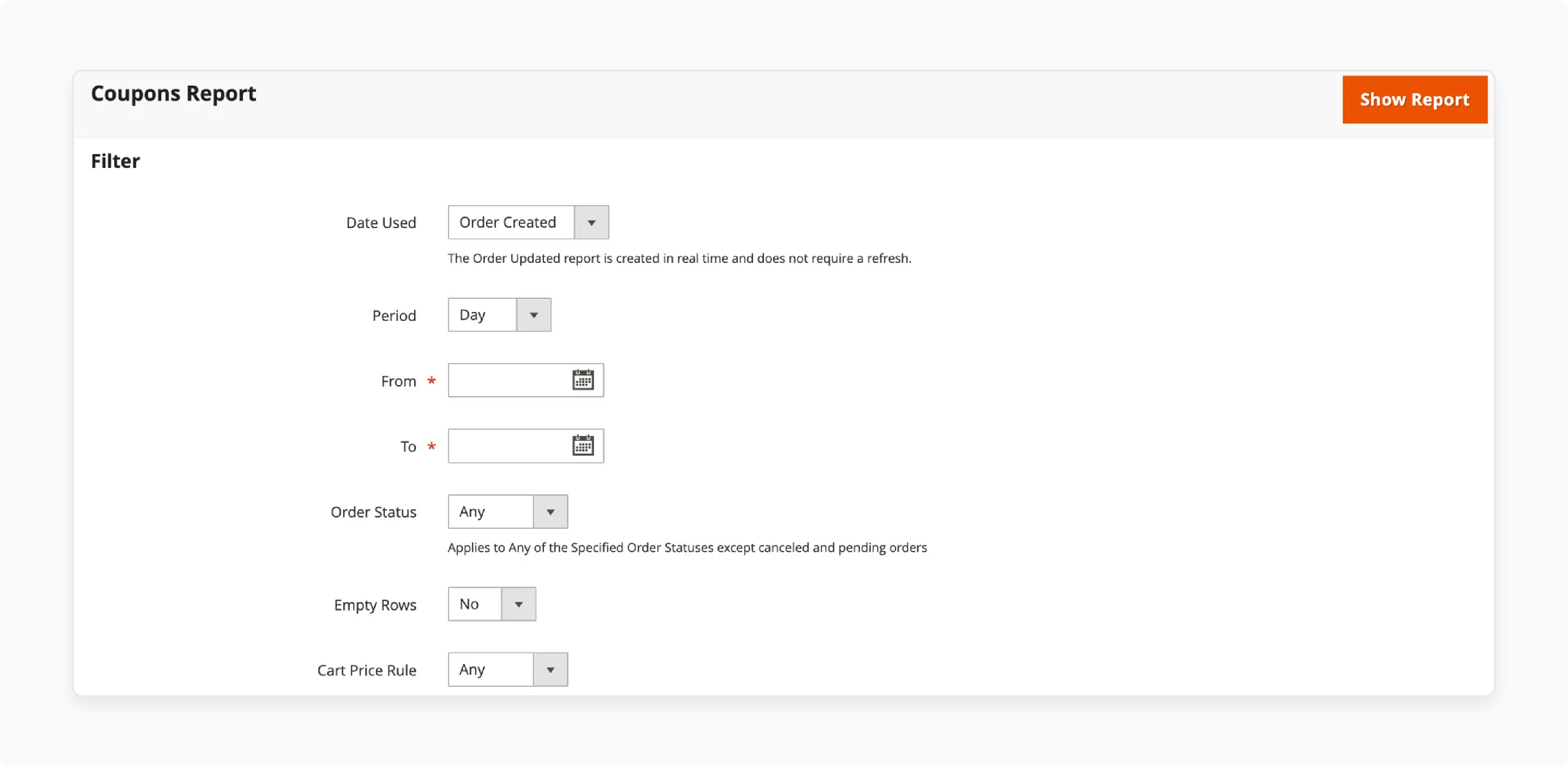 magento 2 coupon report interface with date range and order status filters