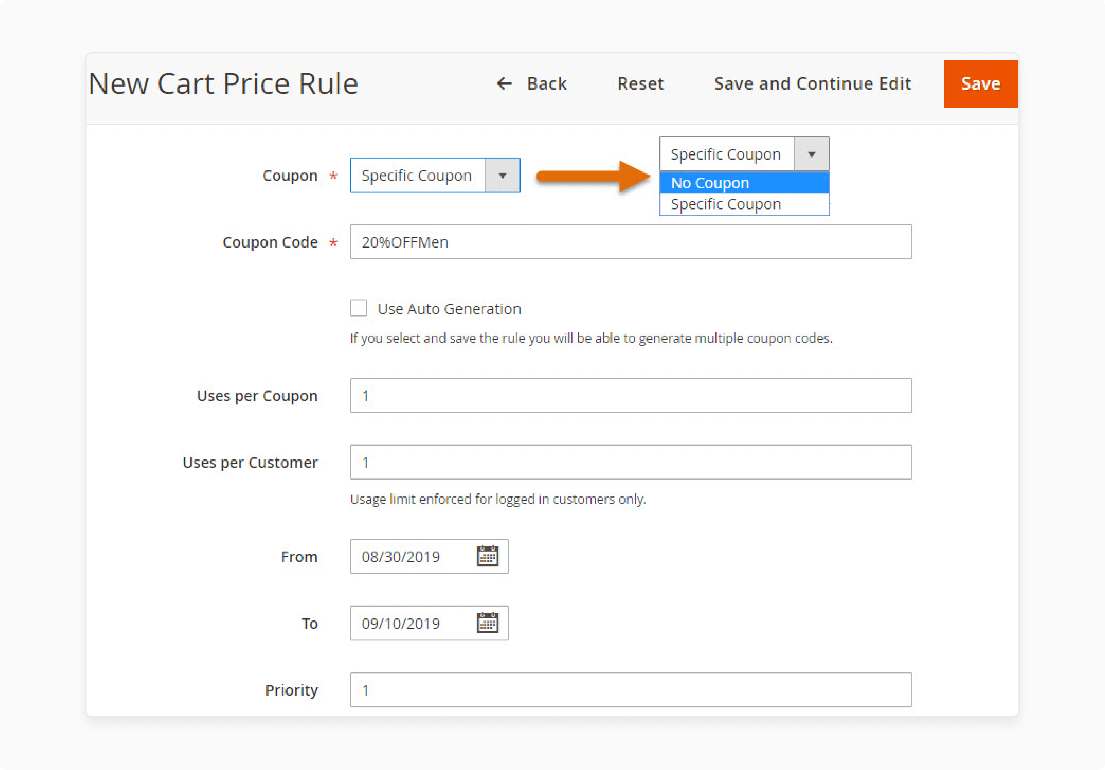 magento 2 cart price rule interface with date range and priority settings