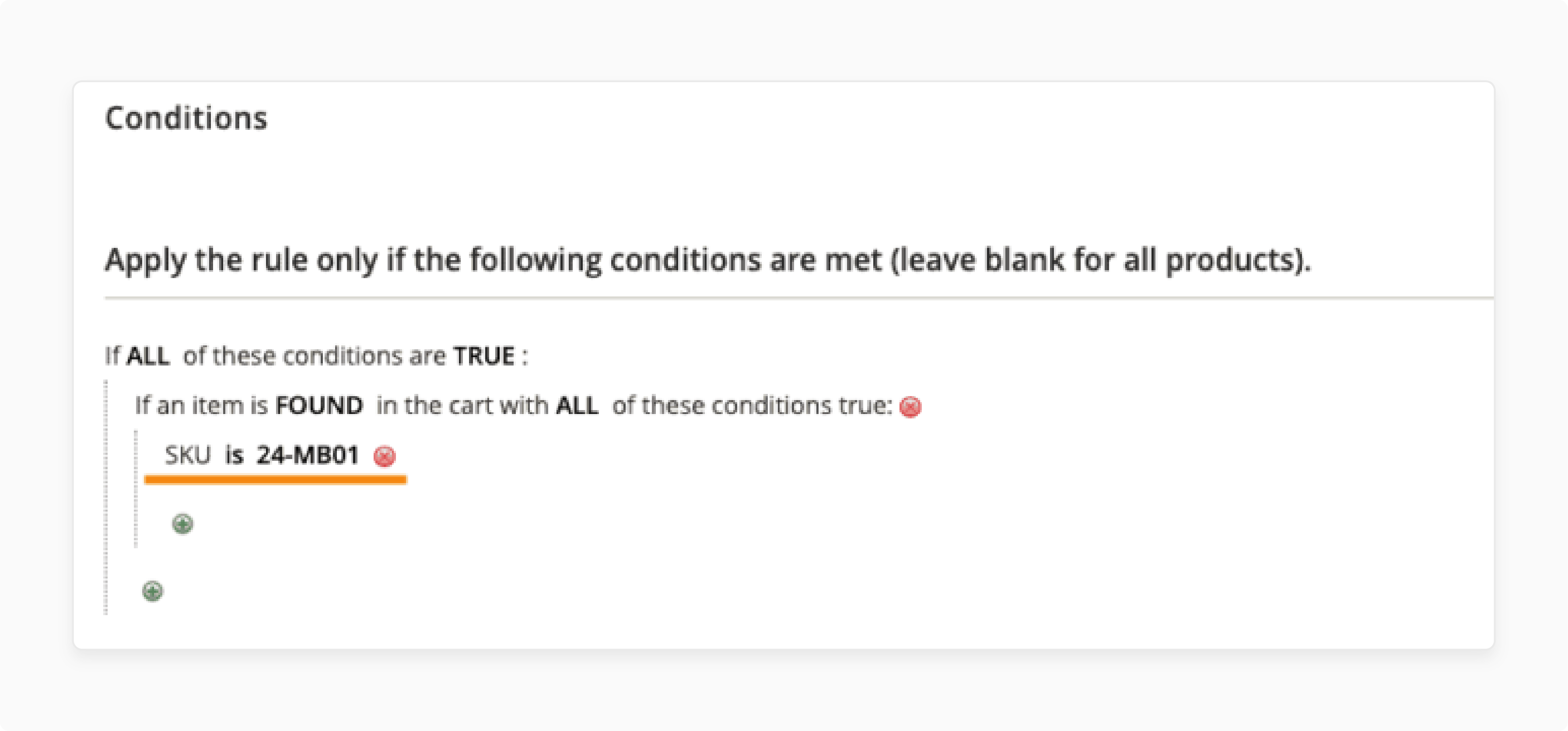 magento 2 cart rule conditions interface with sku 24-mb01 specification