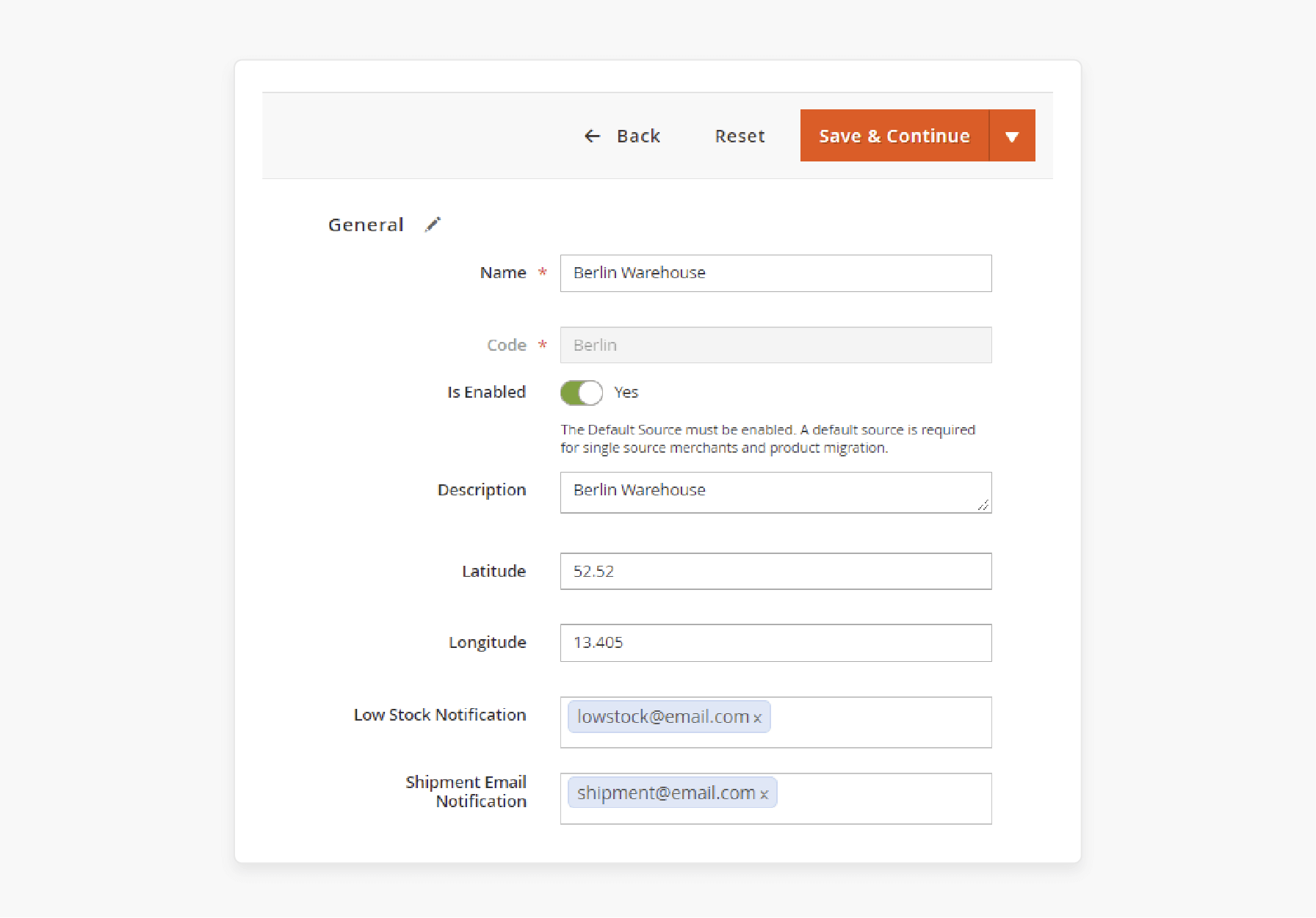 Configuring Warehouse Sources in Magento 2 Admin Panel Settings