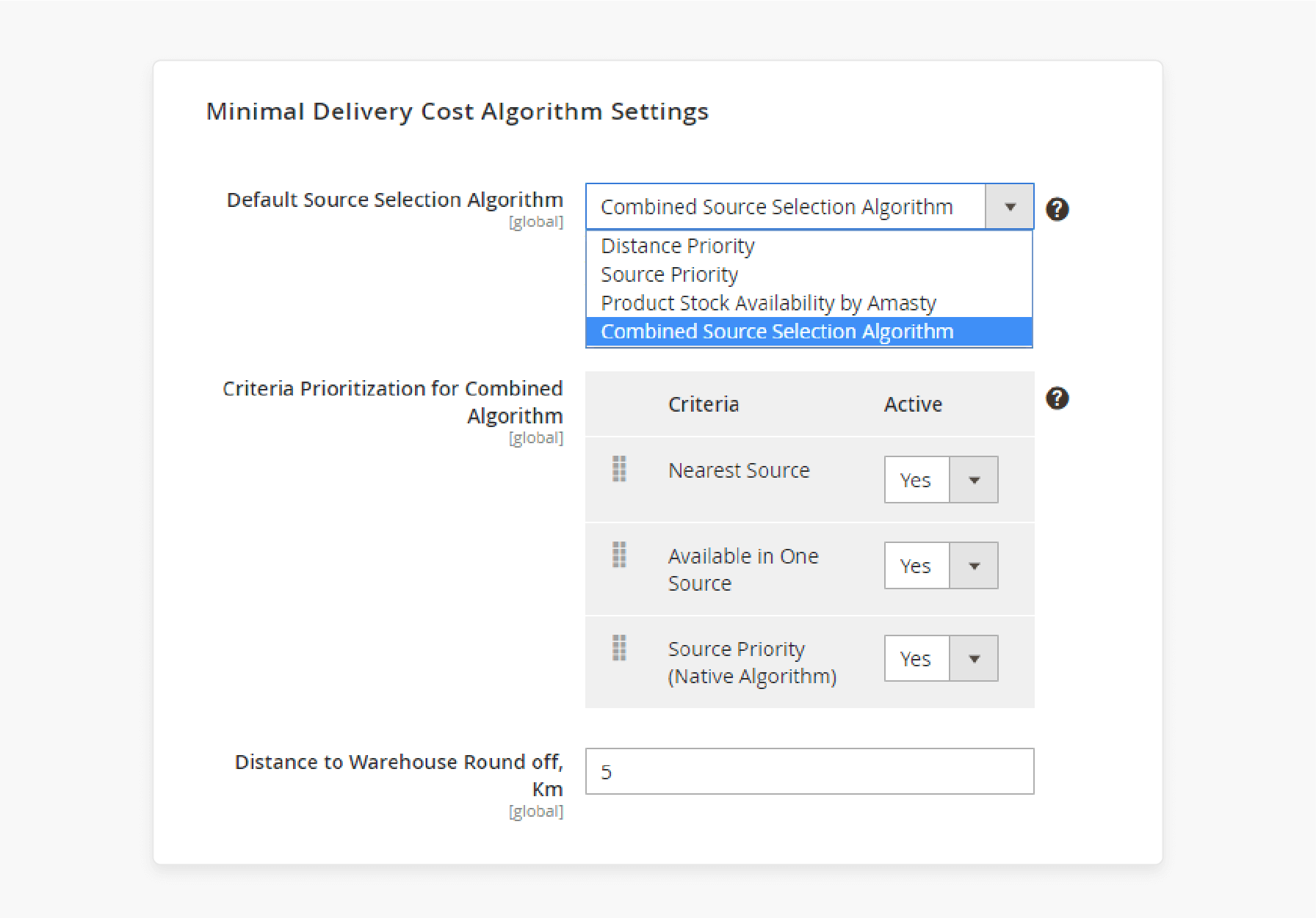 Automatic Source Selection Algorithm Configuration in Magento 2 Multi Warehouse Extension Settings