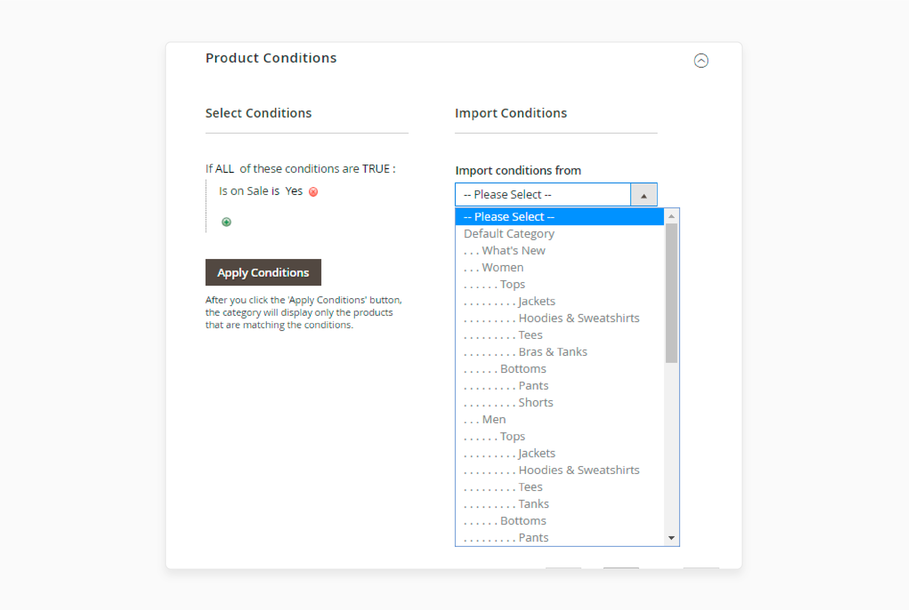 set product conditions in magento 2 visual merchandiser for dynamic category management