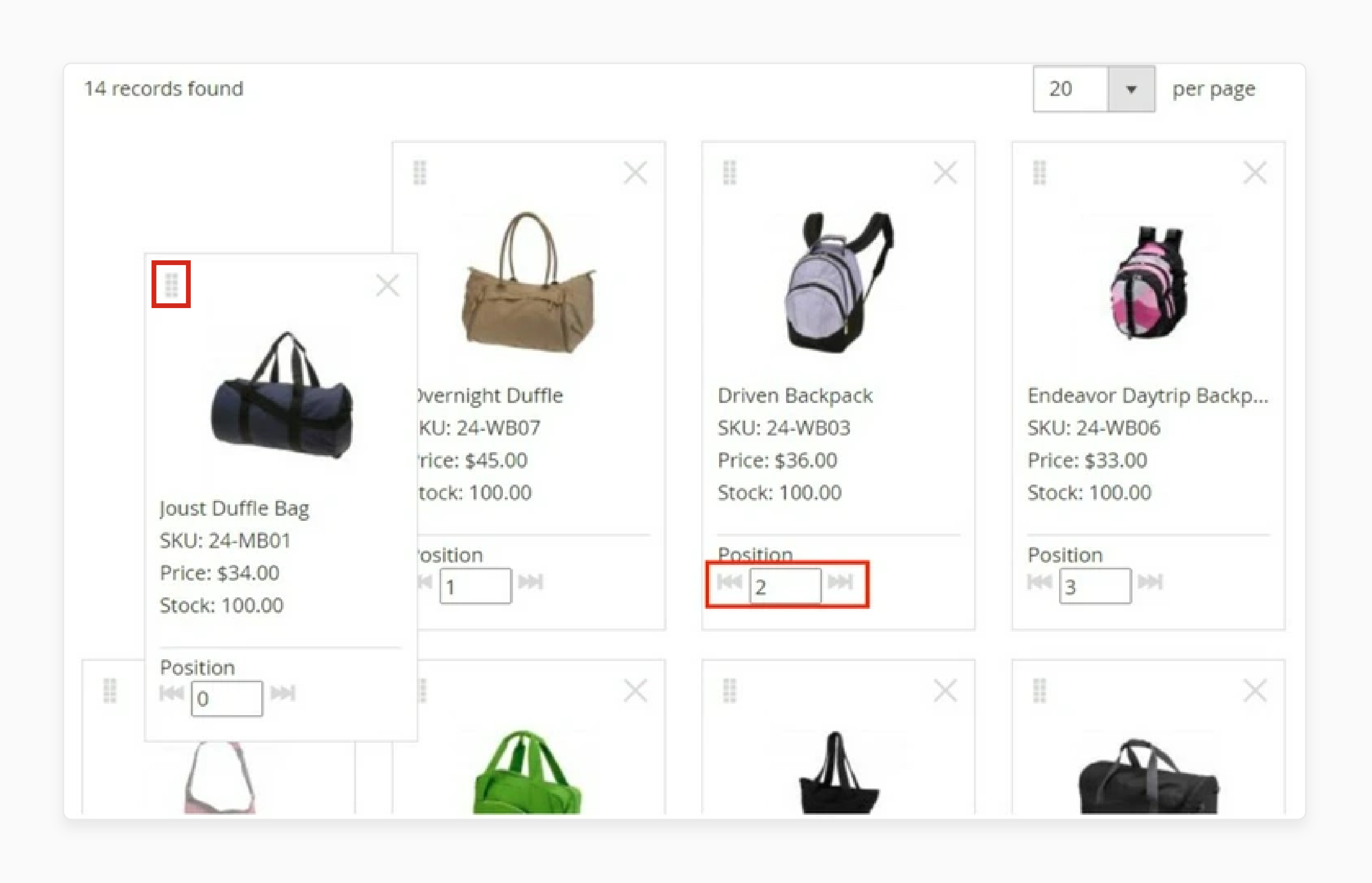 drag-and-drop interface in magento 2 visual merchandiser for setting product positions on category pages