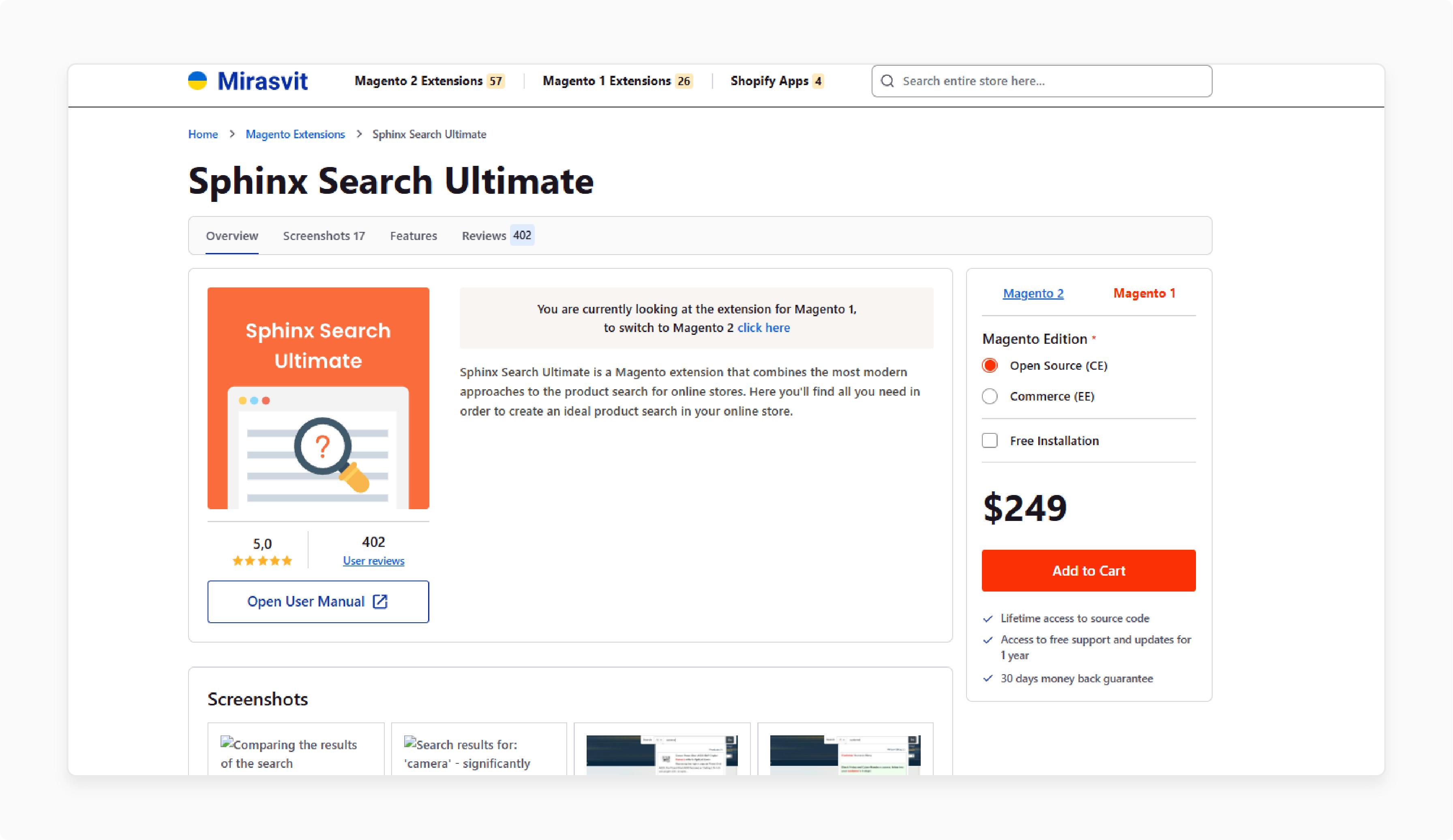 Mirasvit’s Sphinx Search Ultimate for faster results