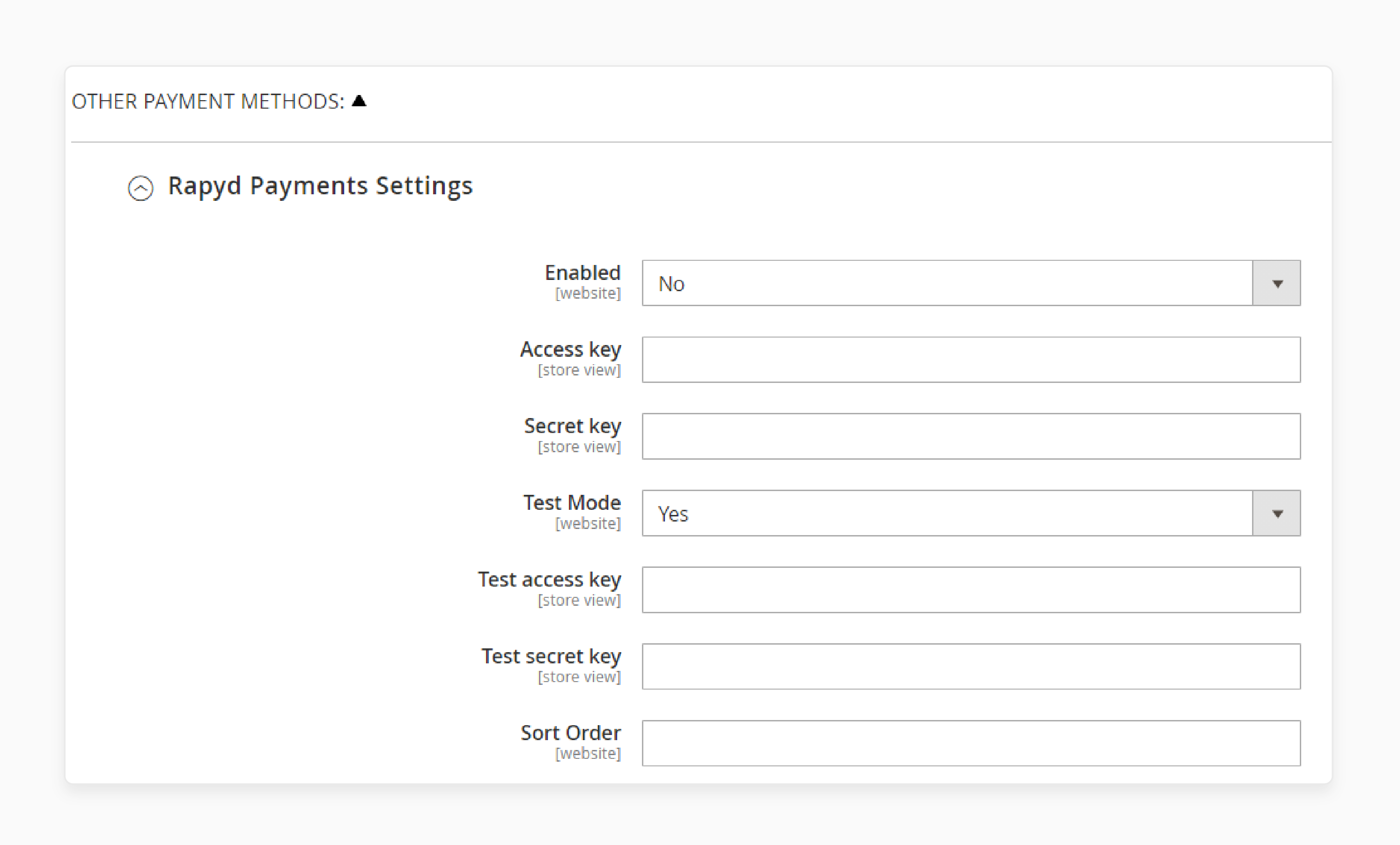 Enable the sandbox mode in Magento rapyd extension settings