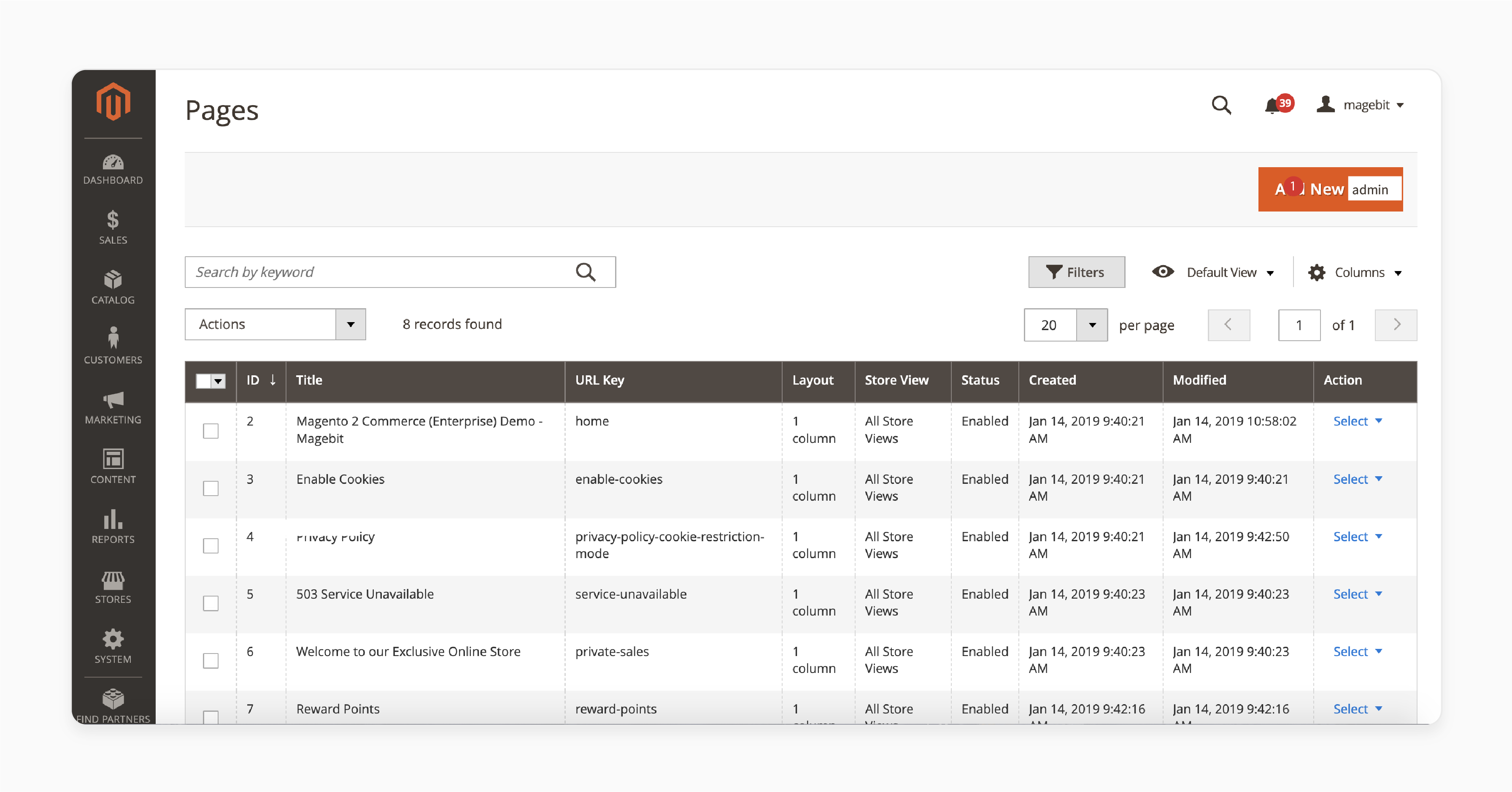 Adding new CMS pages in the Magento admin panel