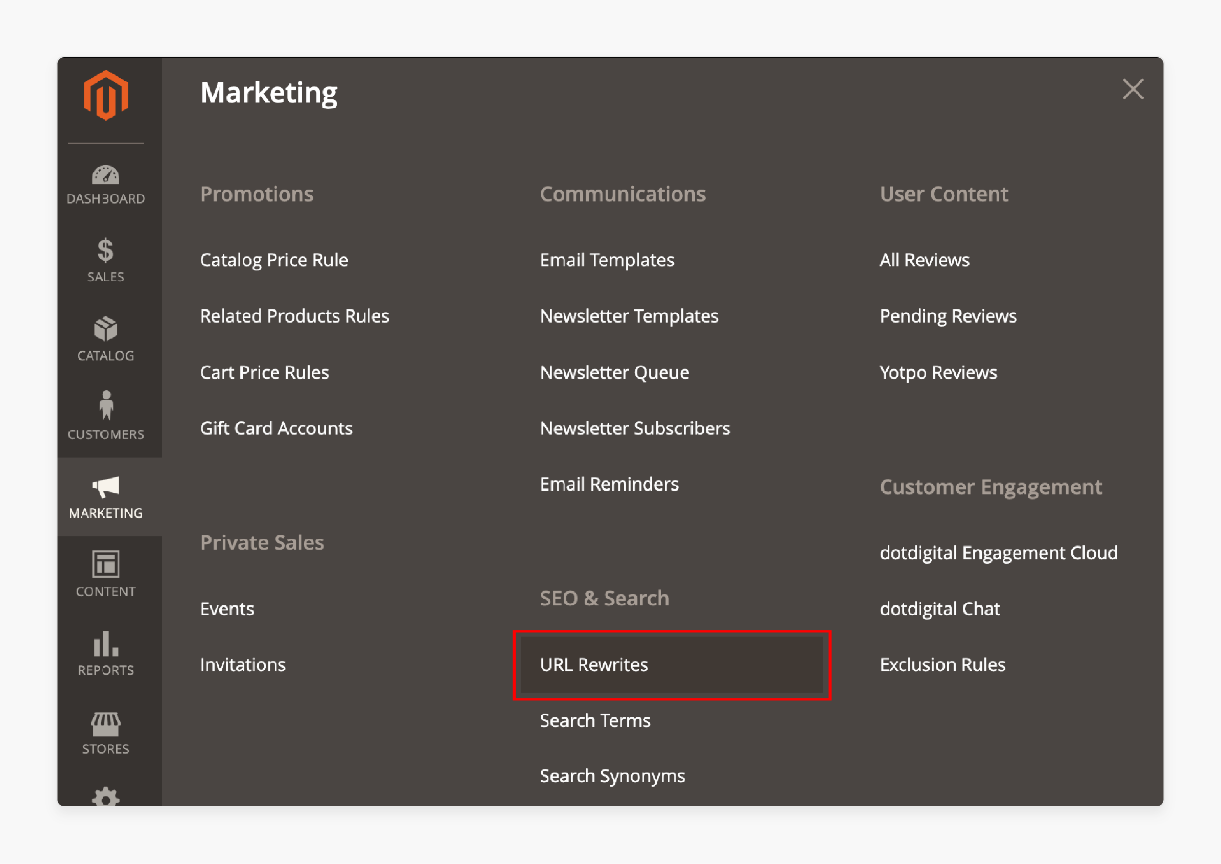 In The Admin Panel Go to Marketing &gt; Seo &amp; Search &gt; URL Rewrites