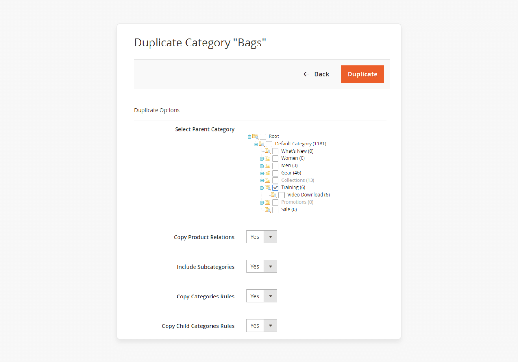 configure duplicate category options like subcategories and product relations in magento