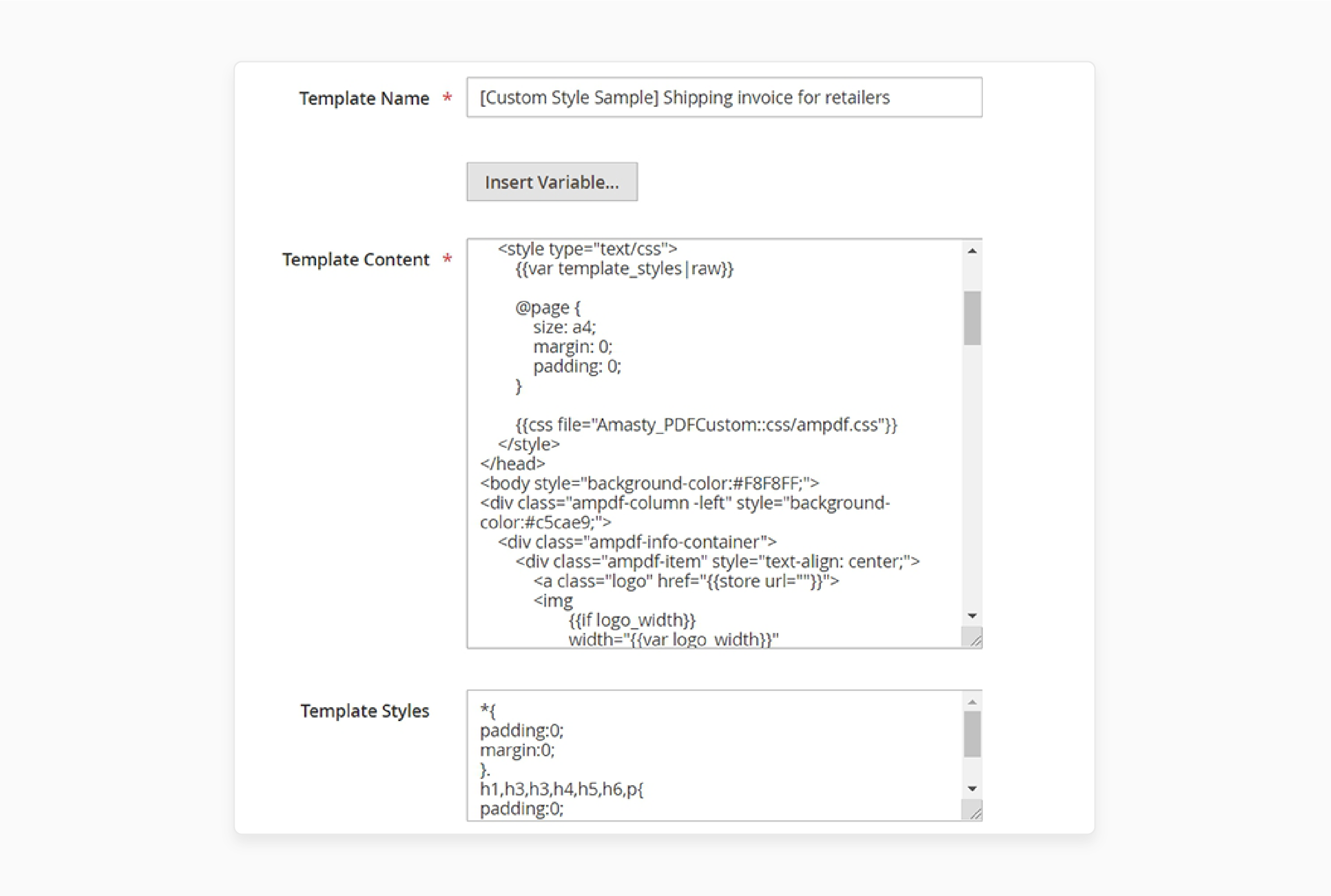 Modify the template content in the pdf customizer for Magento 2 settings