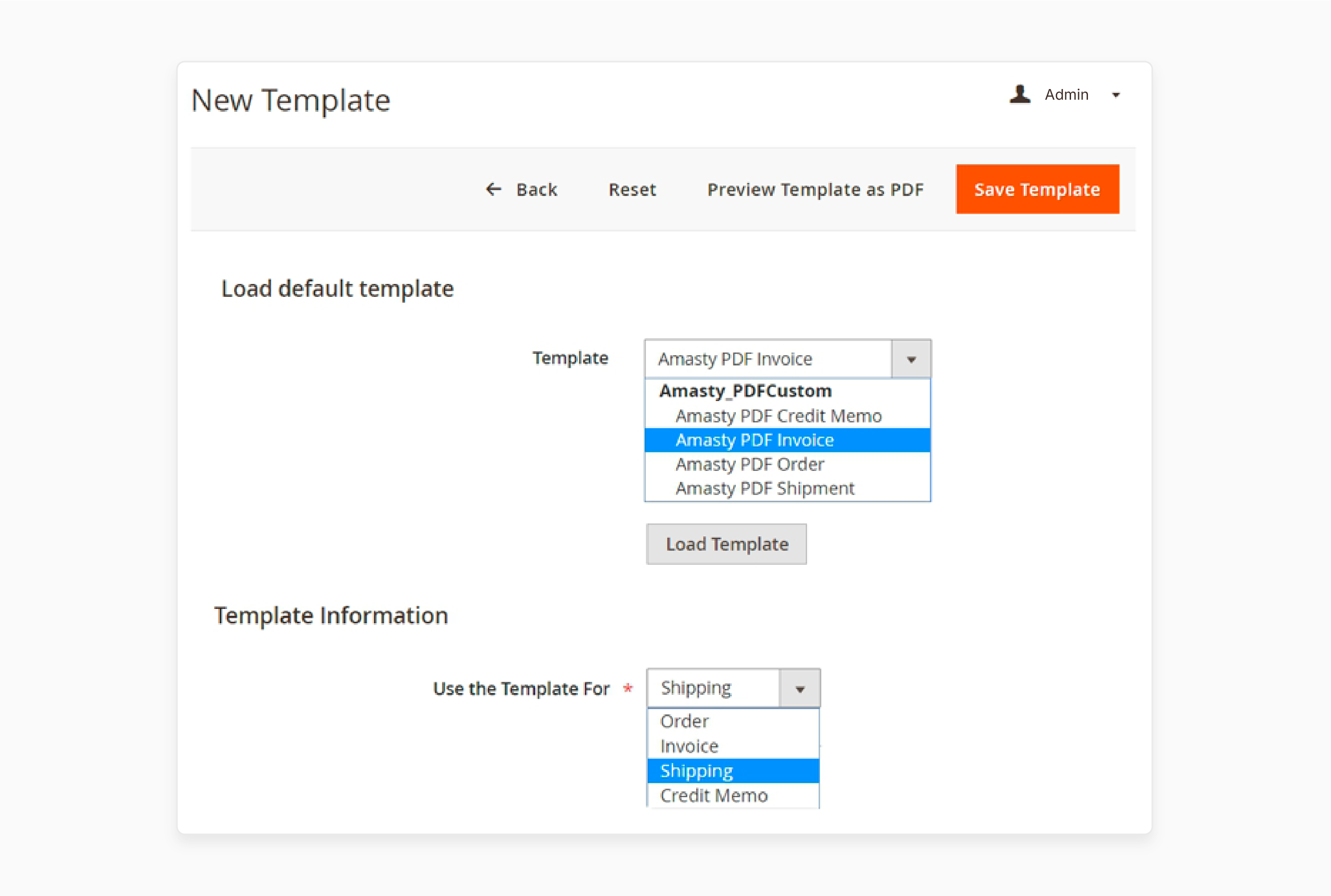 Choose a default template in the pdf customizer for Magento 2 settings