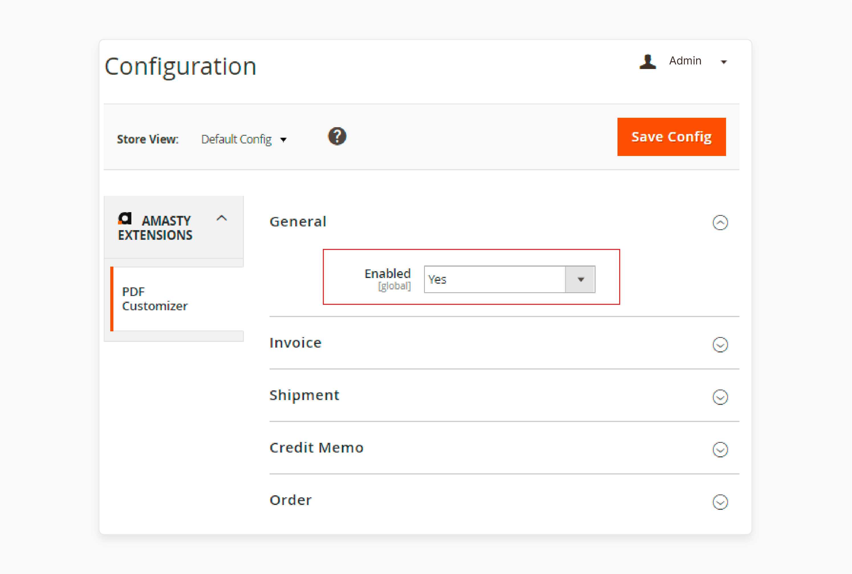 navigate to the pdf customizer for Magento 2 settings