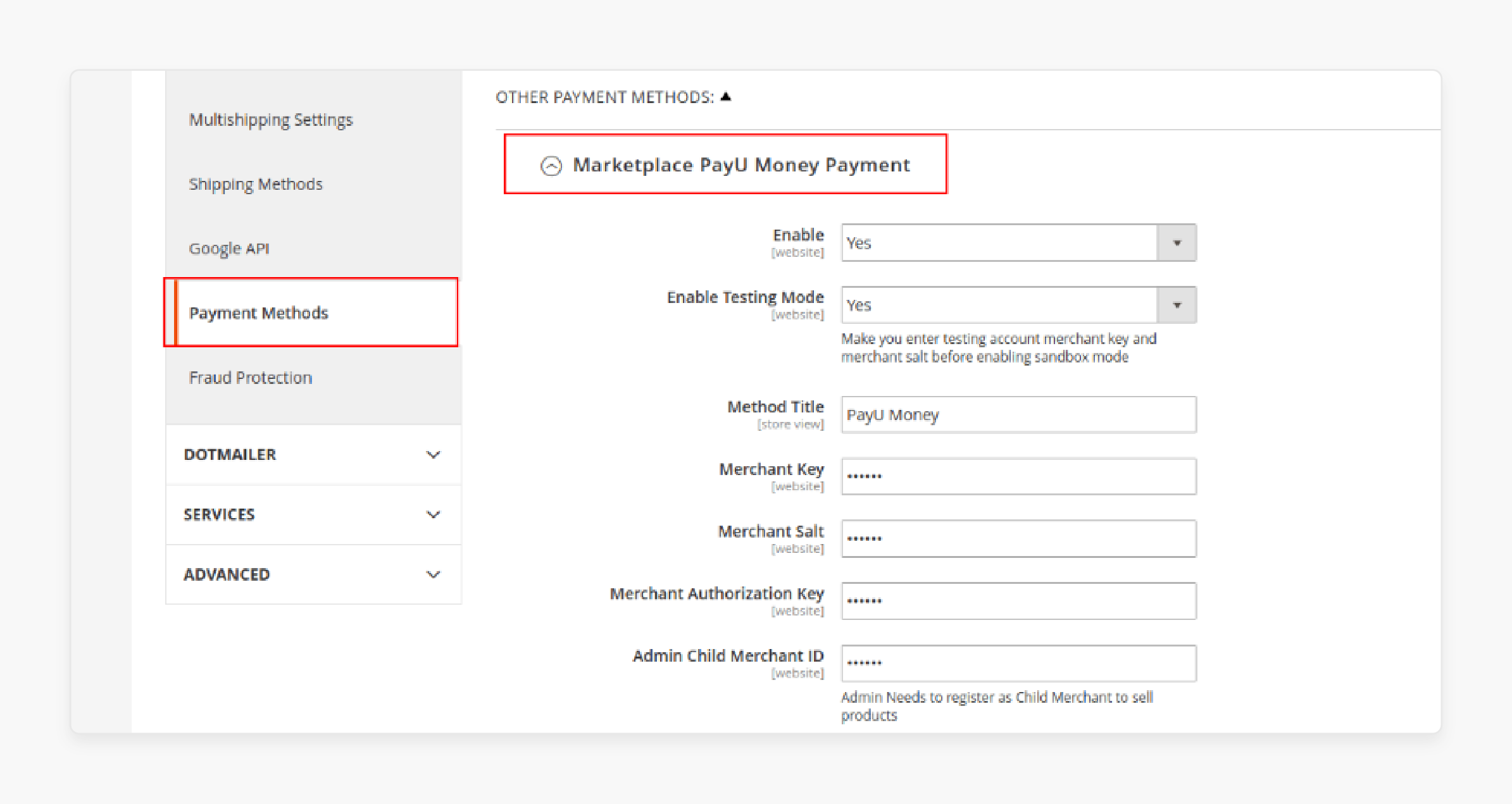 magento 2 payu settings panel for configuring payment options