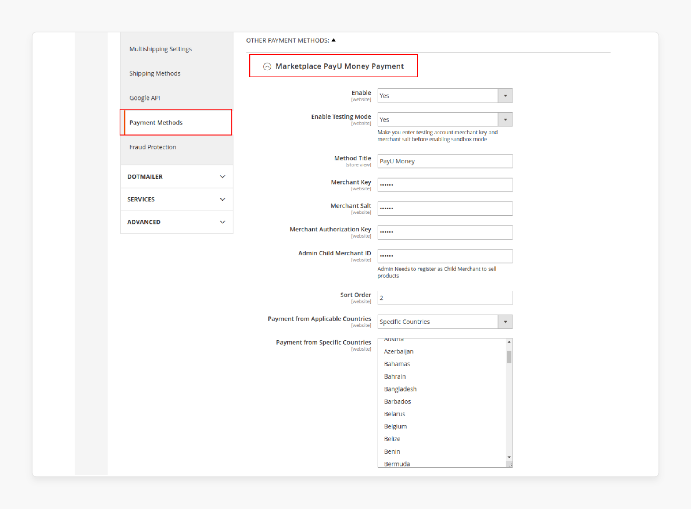 magento 2 backend settings for enabling payu payment methods