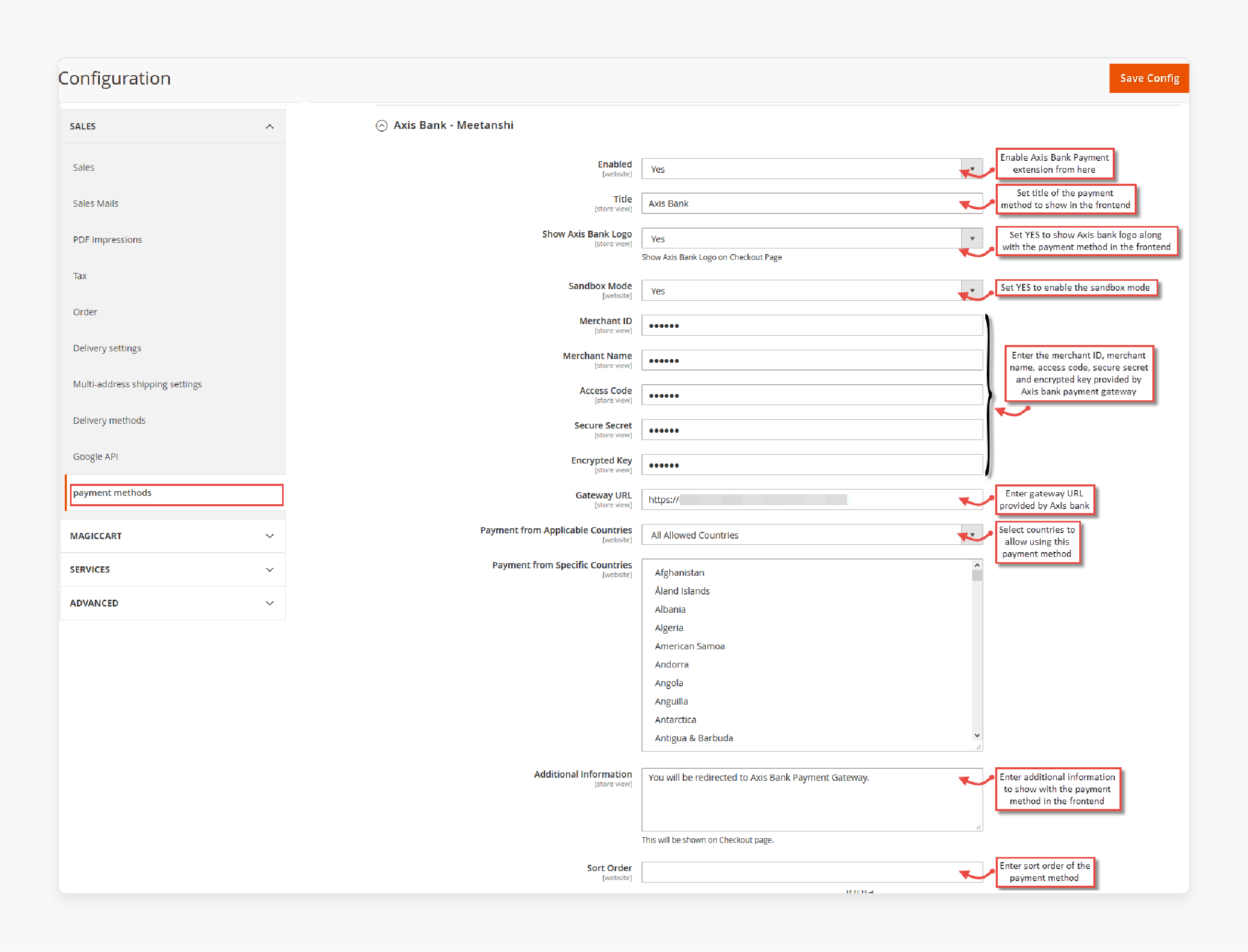 Configure the Magento 2 axis payment gateway extension