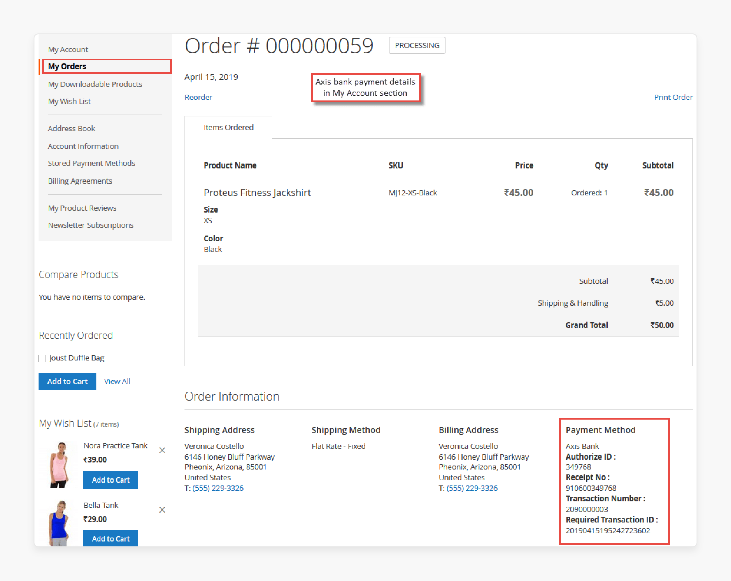 View the Magento 2 axis payment gateway transaction history